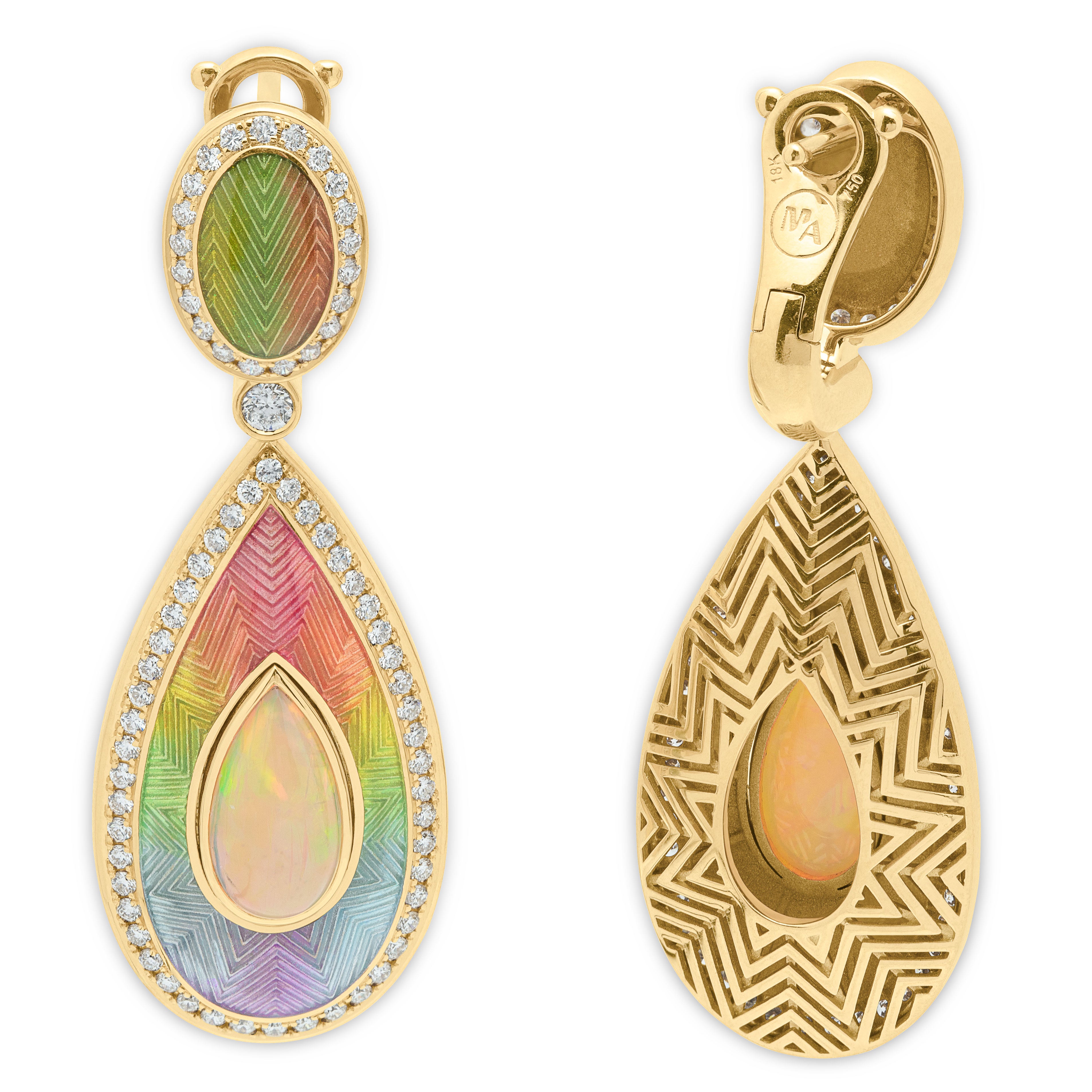 E 0105-2 18K Yellow Gold, Enamel, Opal, Diamonds Earrings