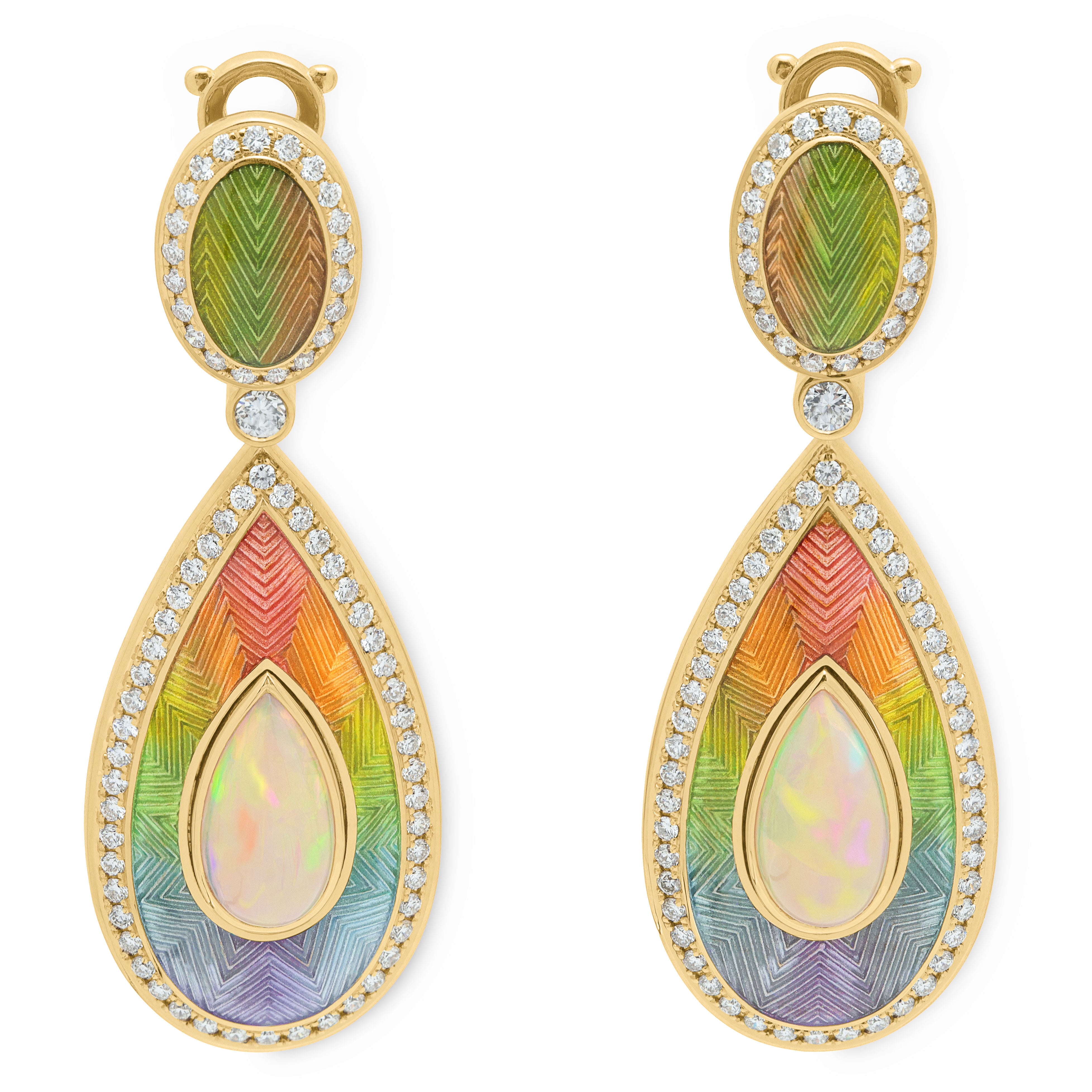 Enamel, Opal, Diamonds 18K Yellow Gold Earrings, E 0105-2