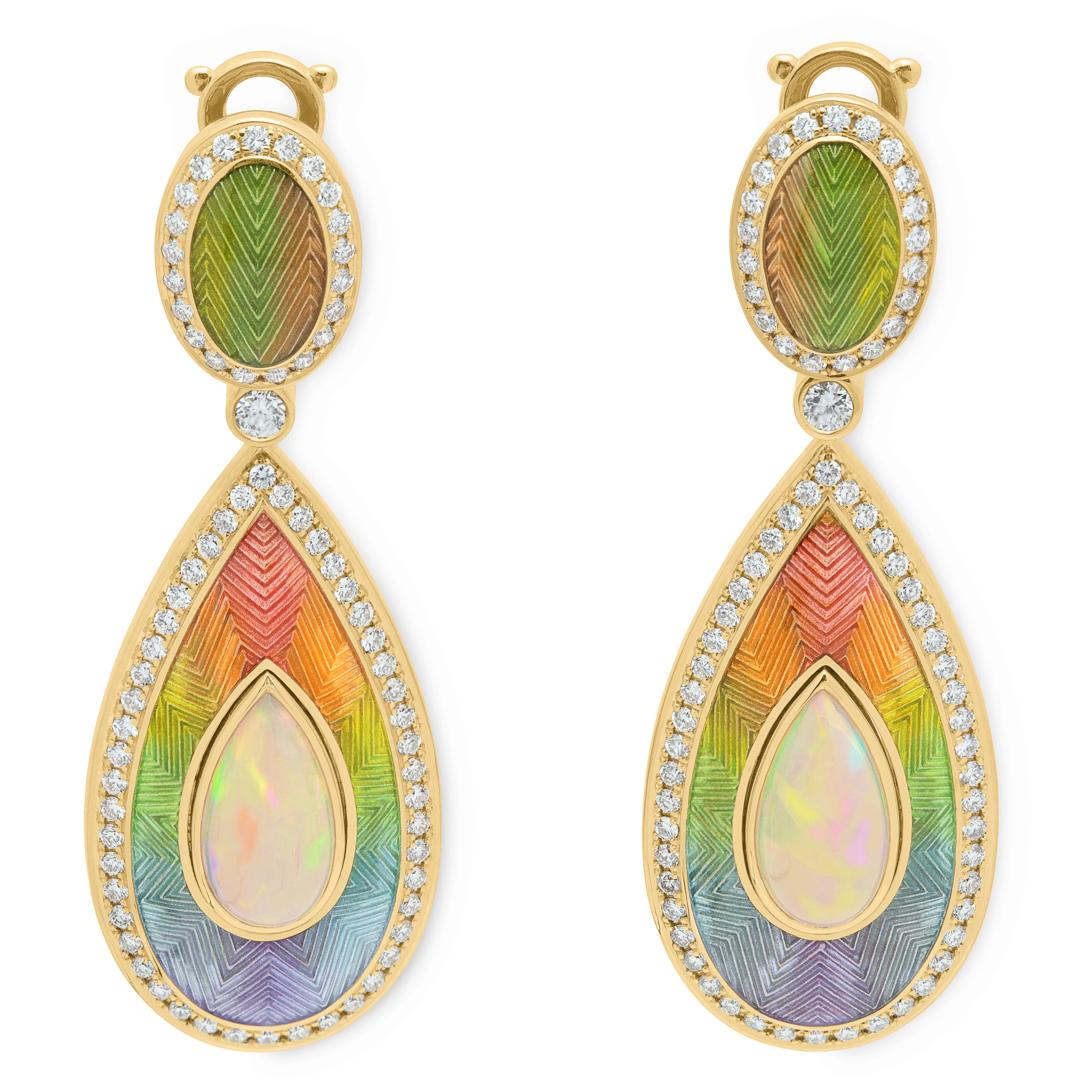 E 0105-2 18K Yellow Gold, Enamel, Opal, Diamonds Earrings