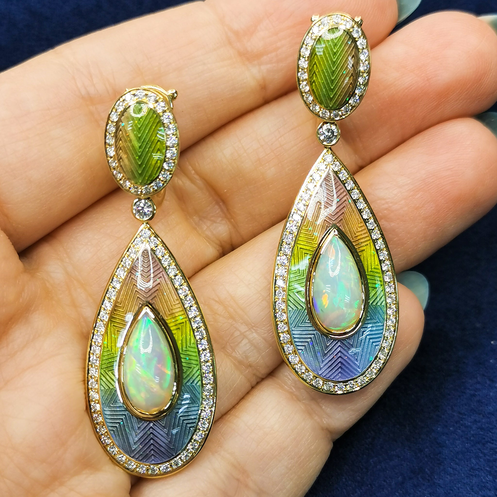 Enamel, Opal, Diamonds 18K Yellow Gold Earrings, E 0105-2