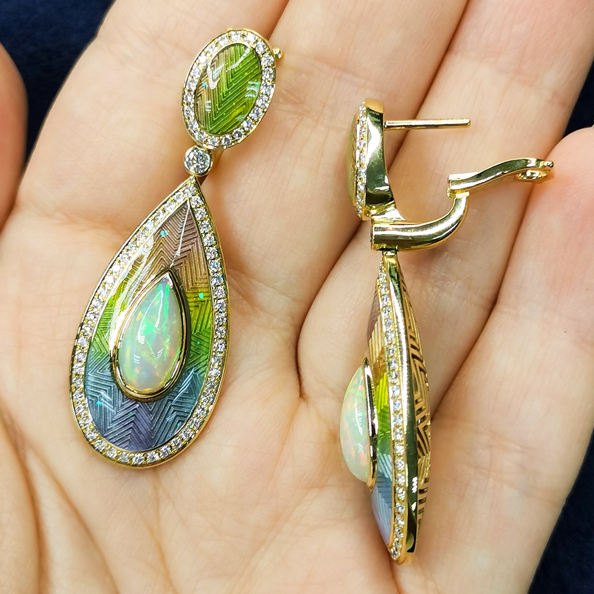 Enamel, Opal, Diamonds 18K Yellow Gold Earrings, E 0105-2