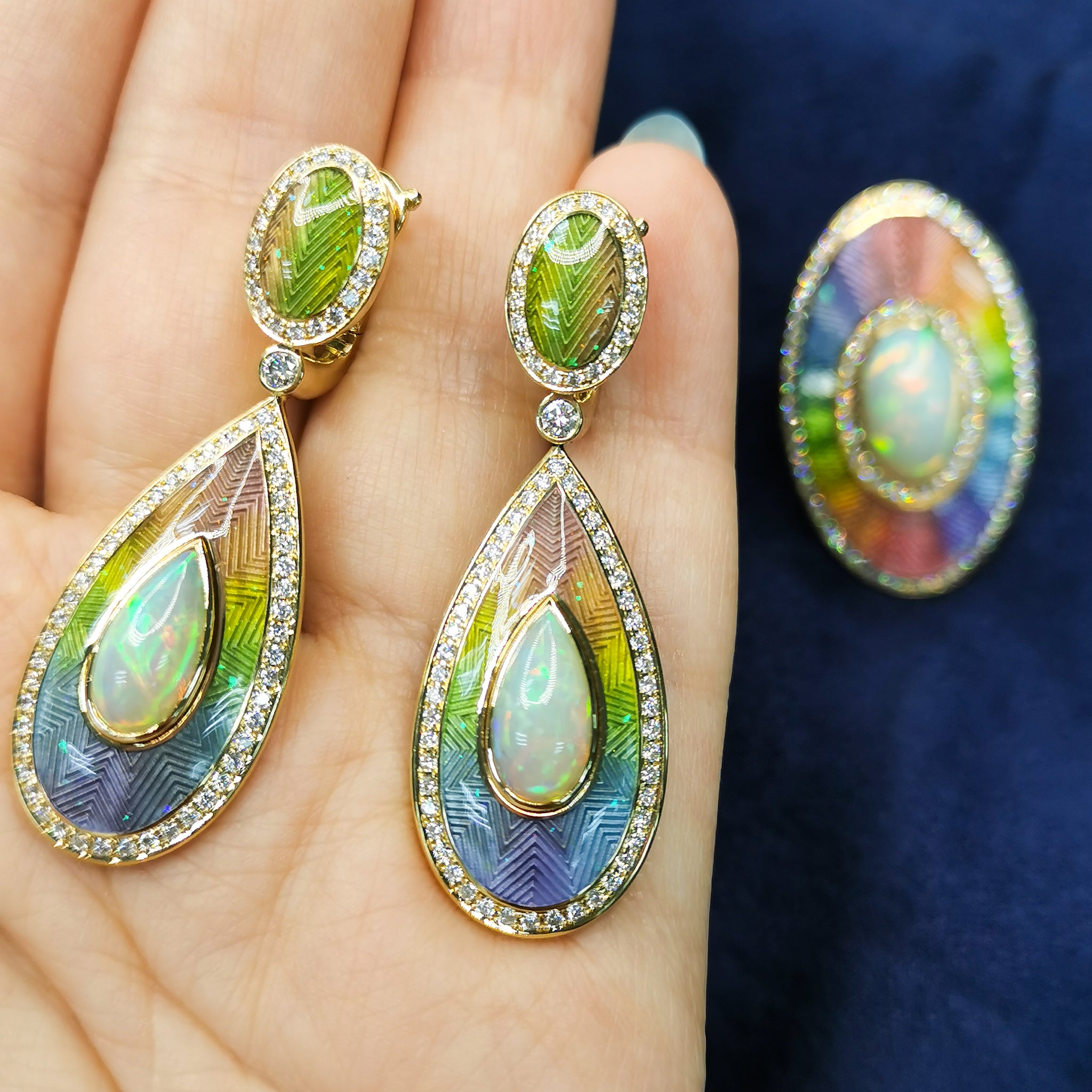 Enamel, Opal, Diamonds 18K Yellow Gold Earrings, E 0105-2