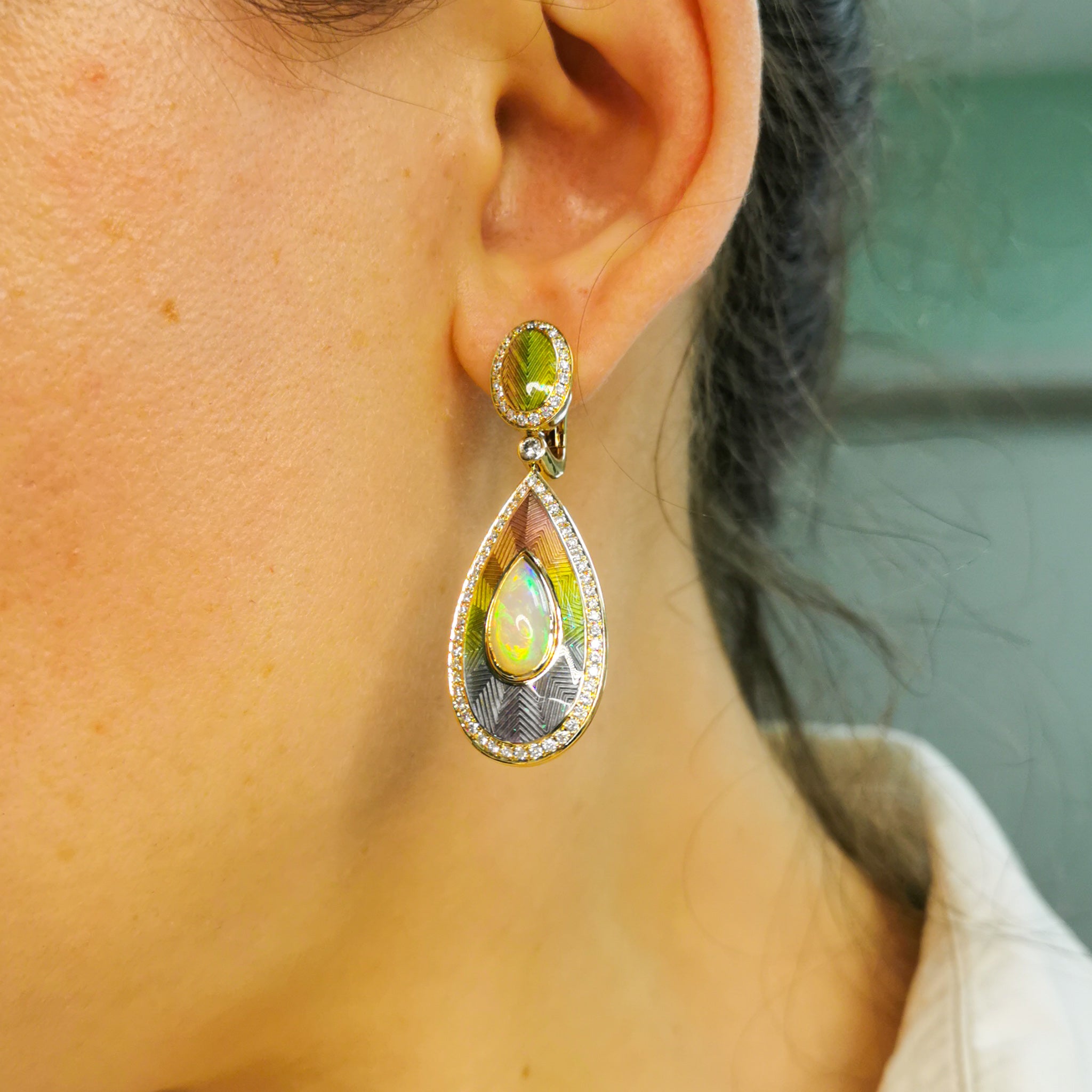 Enamel, Opal, Diamonds 18K Yellow Gold Earrings, E 0105-2