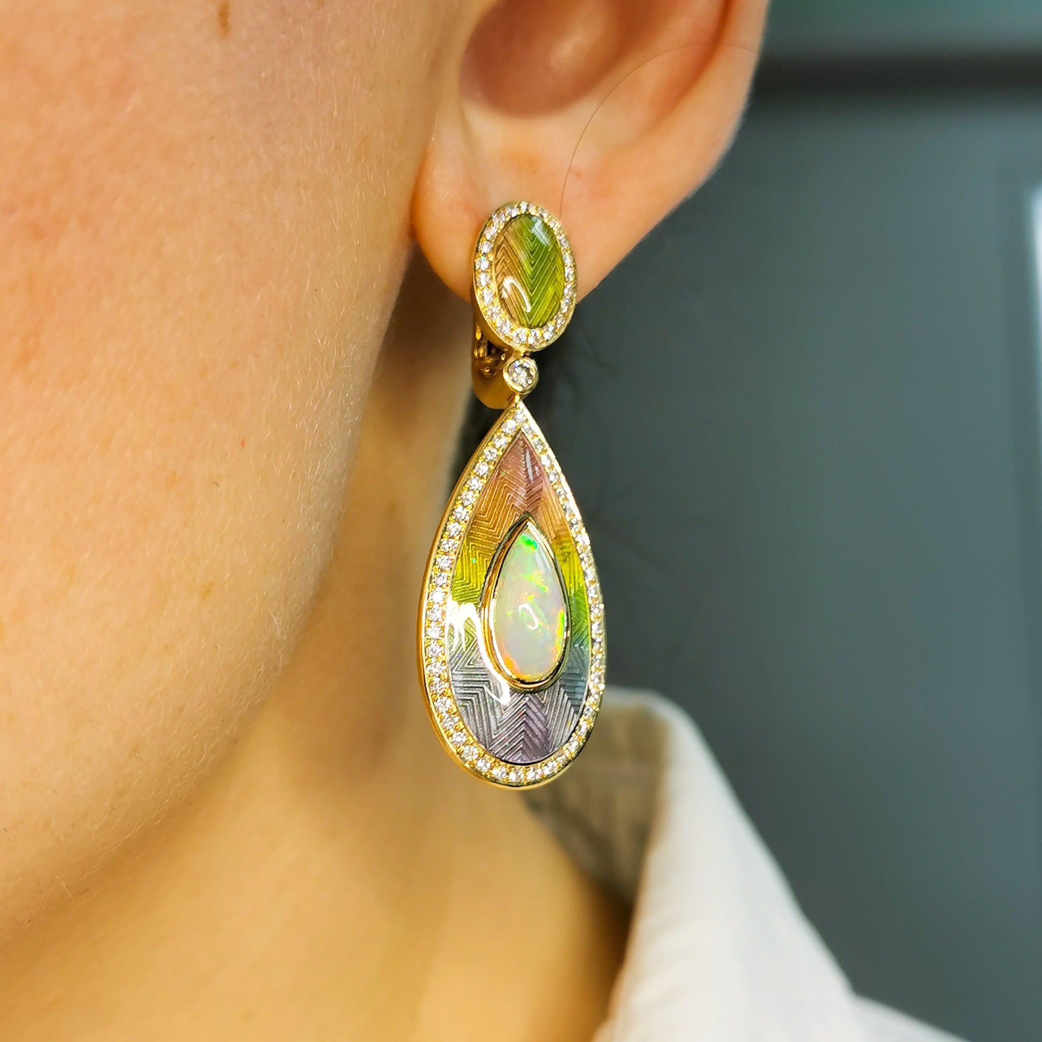 Enamel, Opal, Diamonds 18K Yellow Gold Earrings, E 0105-2