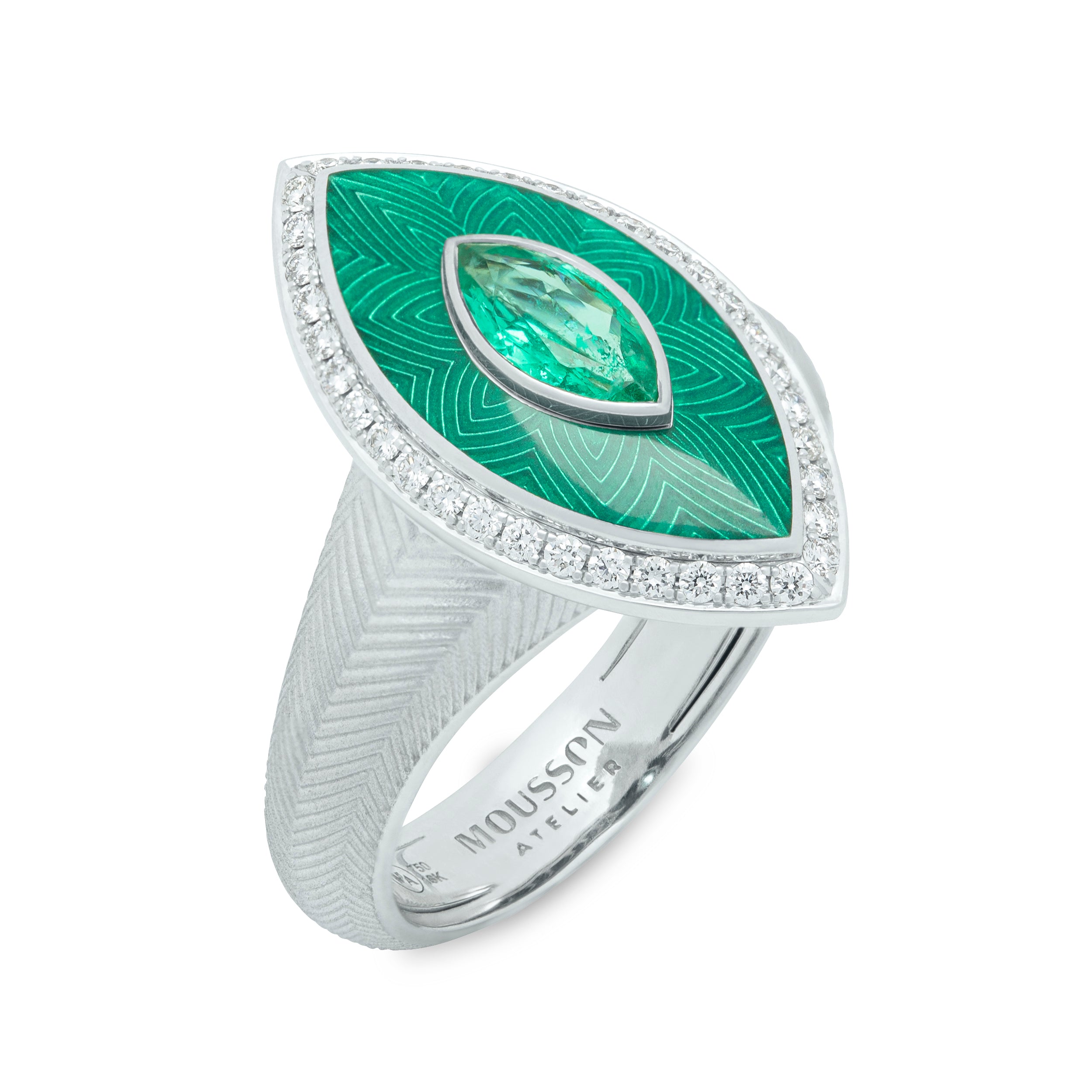 R 0084-11 18K White Gold, Enamel, Emerald, Diamonds Ring