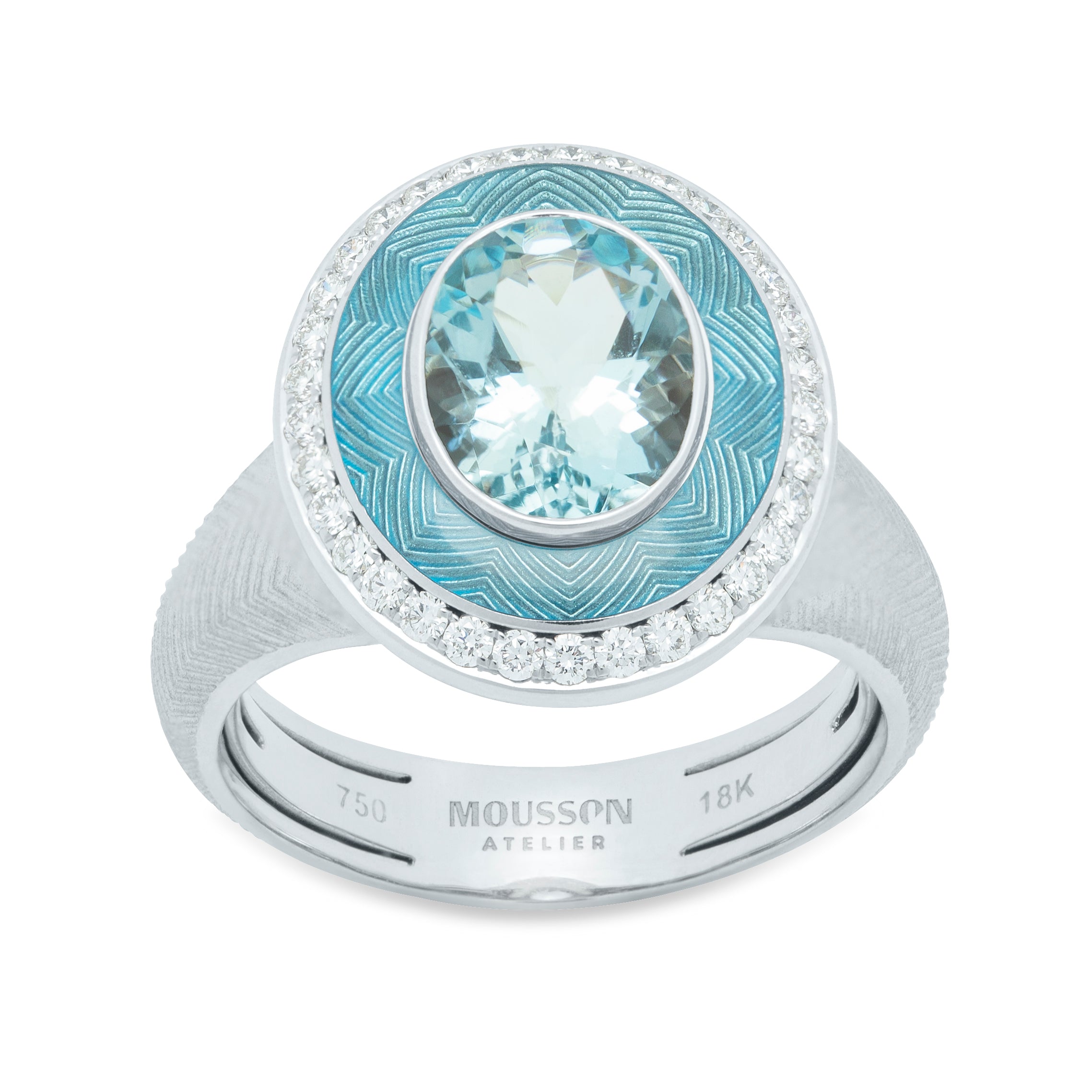 R 0084-2 18K White Gold, Enamel, Aquamarine, Diamonds Ring