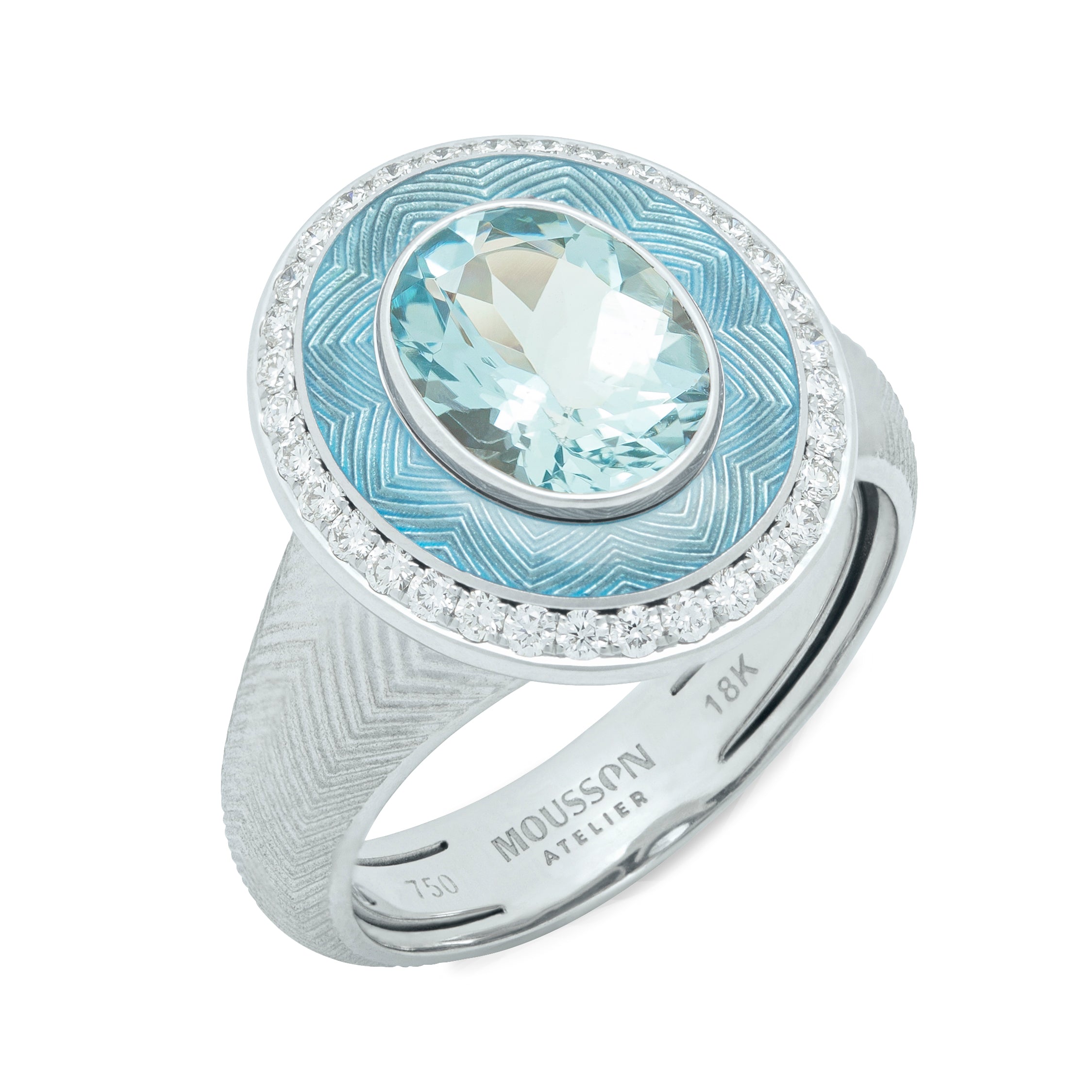 R 0084-2 18K White Gold, Enamel, Aquamarine, Diamonds Ring