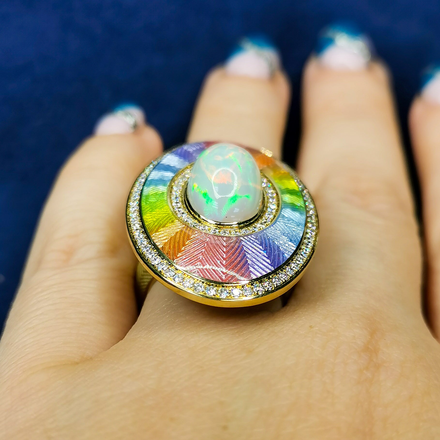 Enamel, Opal, Diamonds 18K Yellow Gold Ring, R 0105-2