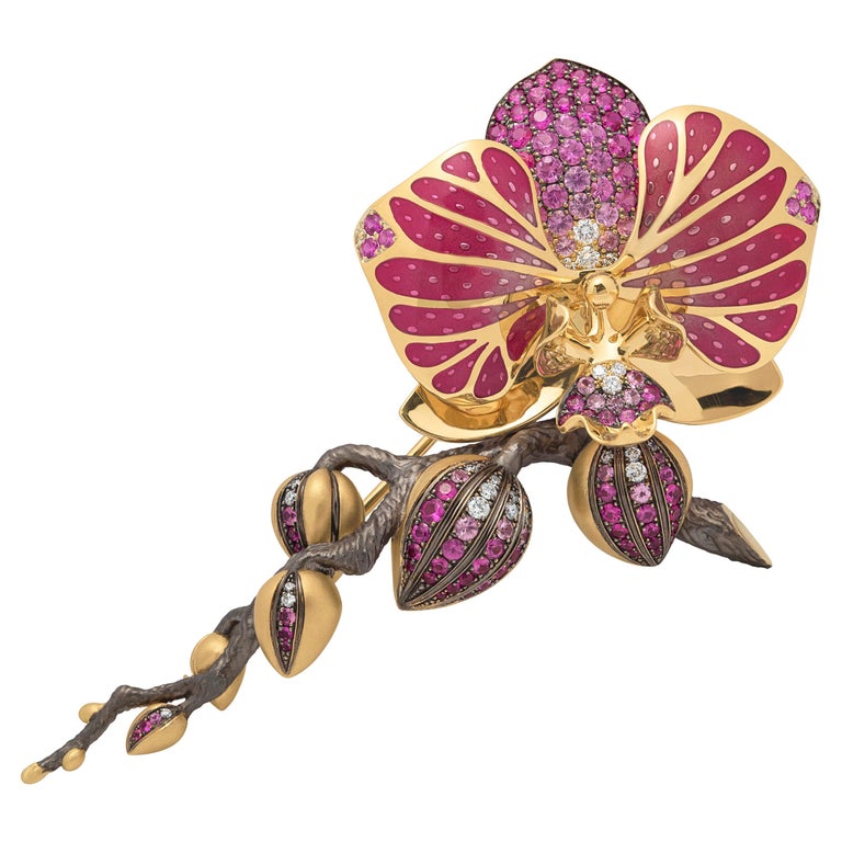 Enamel, Pink Sapphires, Diamonds 18K Yellow Gold Brooch, Brs 0275-2