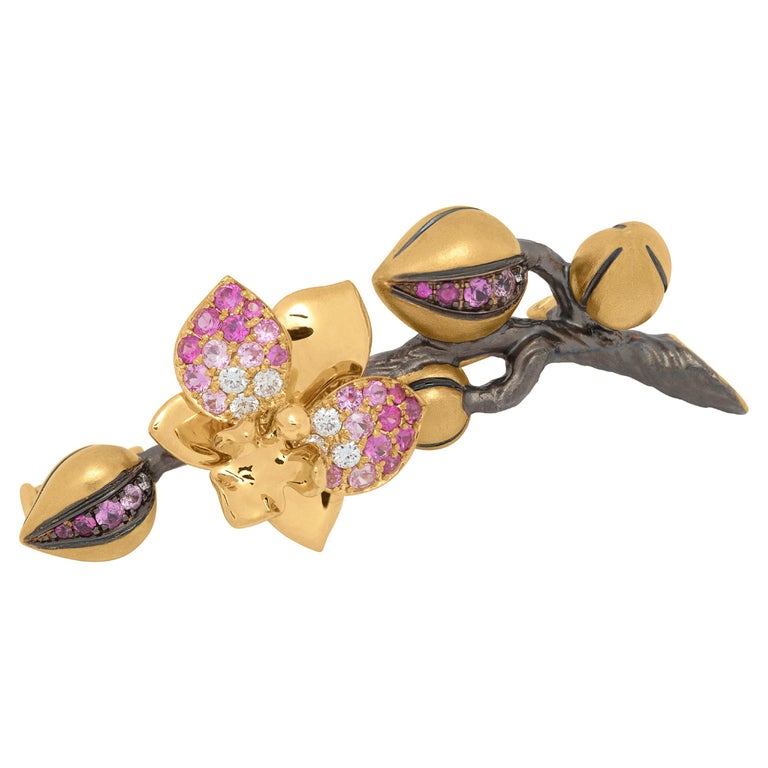 Pink Sapphires, Diamonds 18K Yellow Gold Brooch, Brs 0275-21