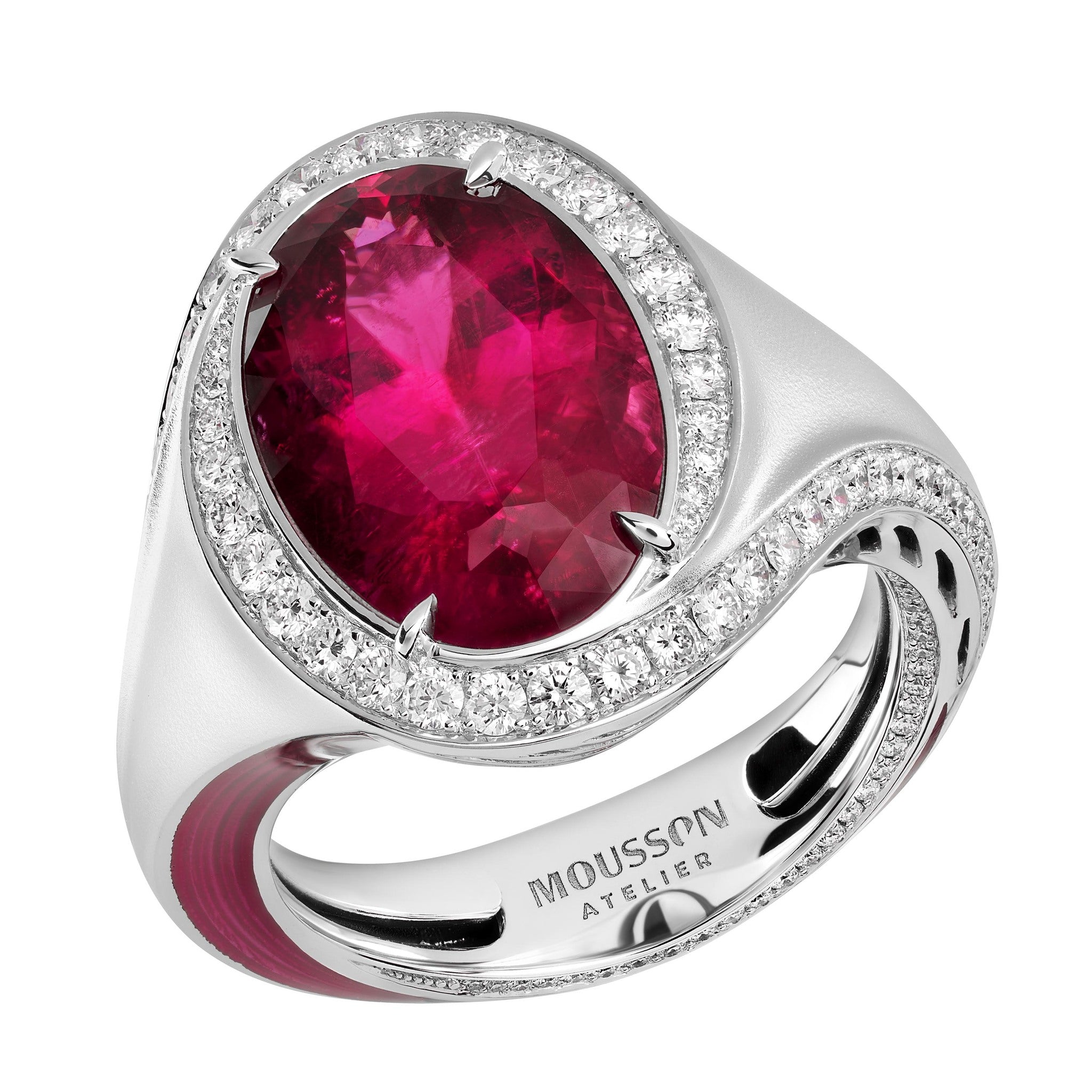 R 0143-09, 18K White Gold, Tourmaline Rubellite, Diamonds, Enamel Ring