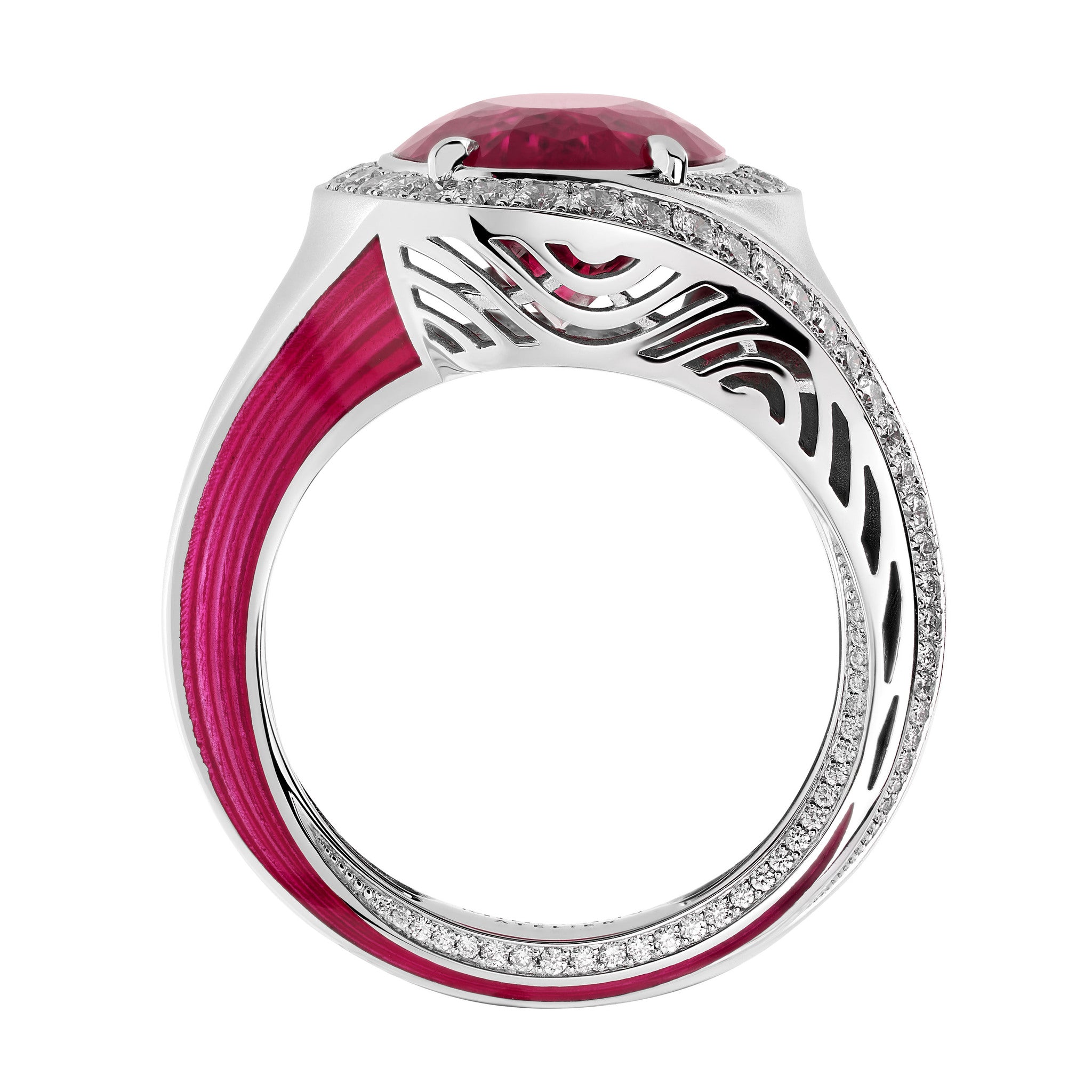 R 0143-09, 18K White Gold, Tourmaline Rubellite, Diamonds, Enamel Ring