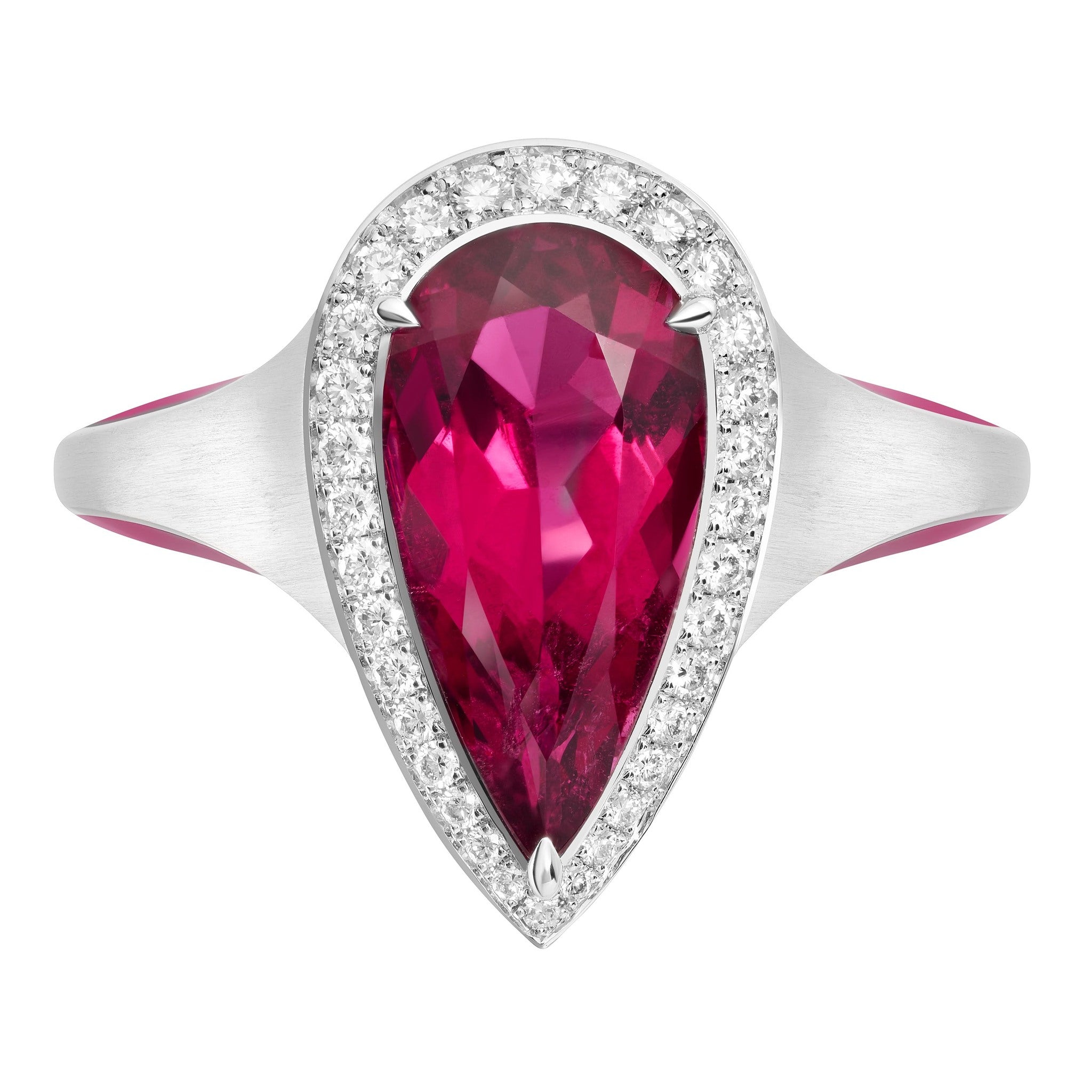 R 0143-21, 18K White Gold, Tourmaline Rubellite, Diamonds, Enamel Ring