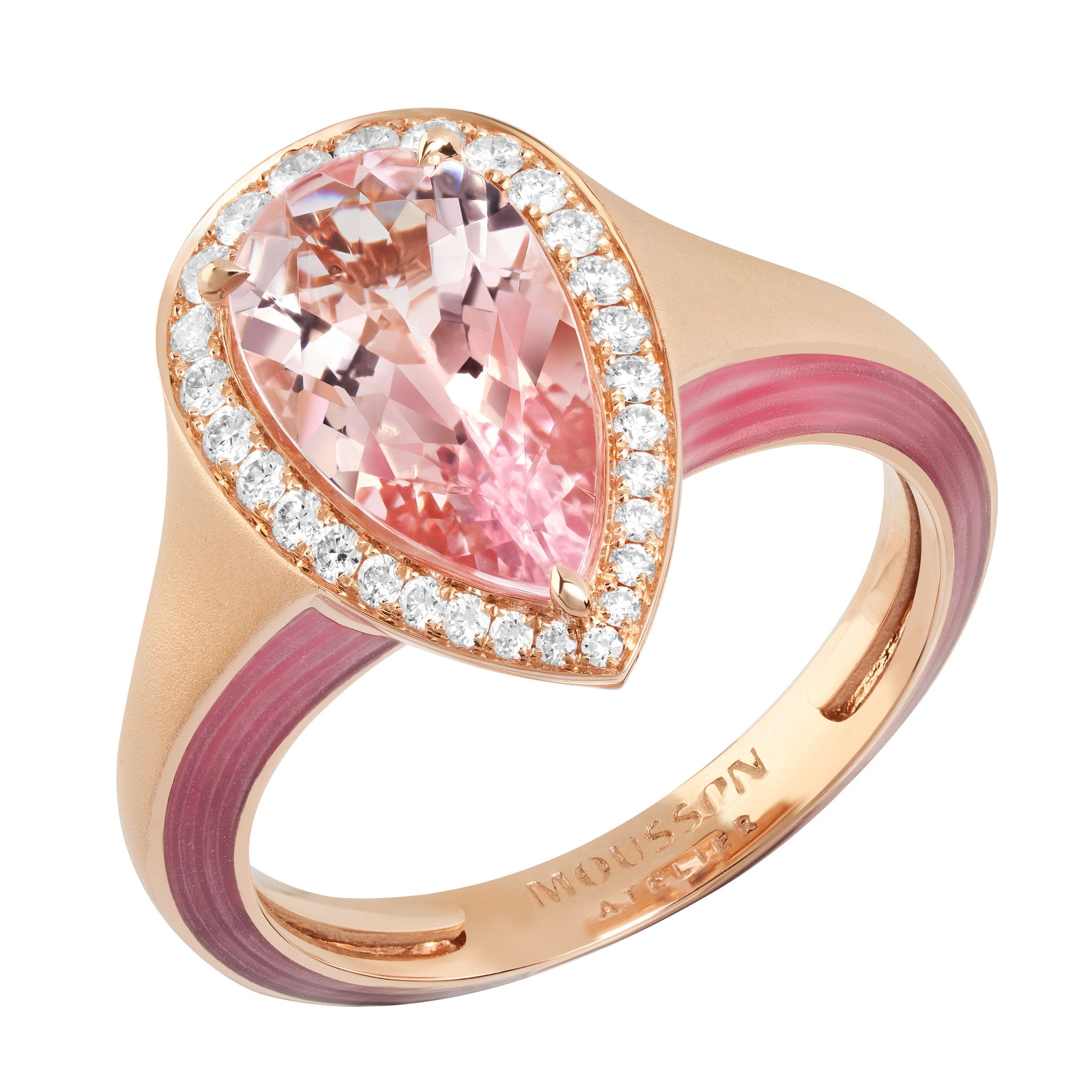 R 0143-20, 18K Rose Gold, Morganite, Diamonds, Enamel Ring