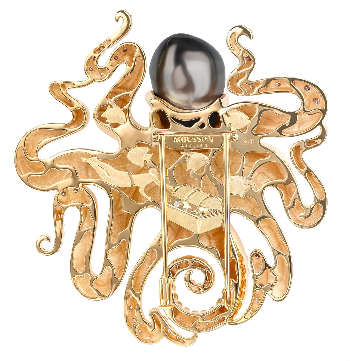 Tahitian Black Pearl, Diamonds, Tourmaline 18K Yellow Gold Octopus Brooch, Brs 0162-1