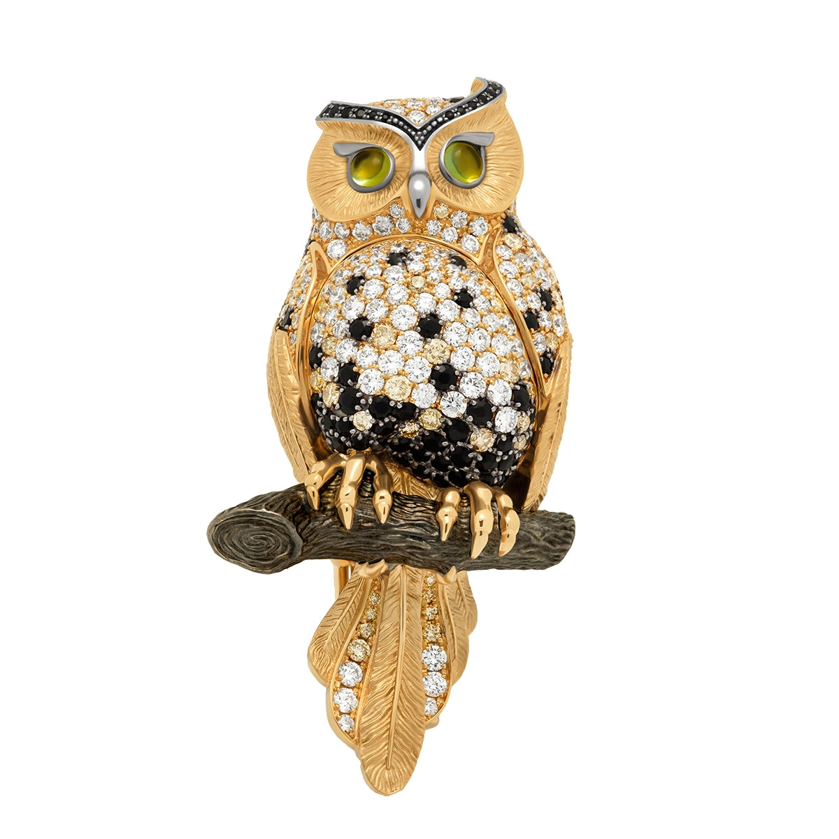 Diamonds Green Tourmalines 18K Yellow Gold Owl Brooch Brs 0171-1