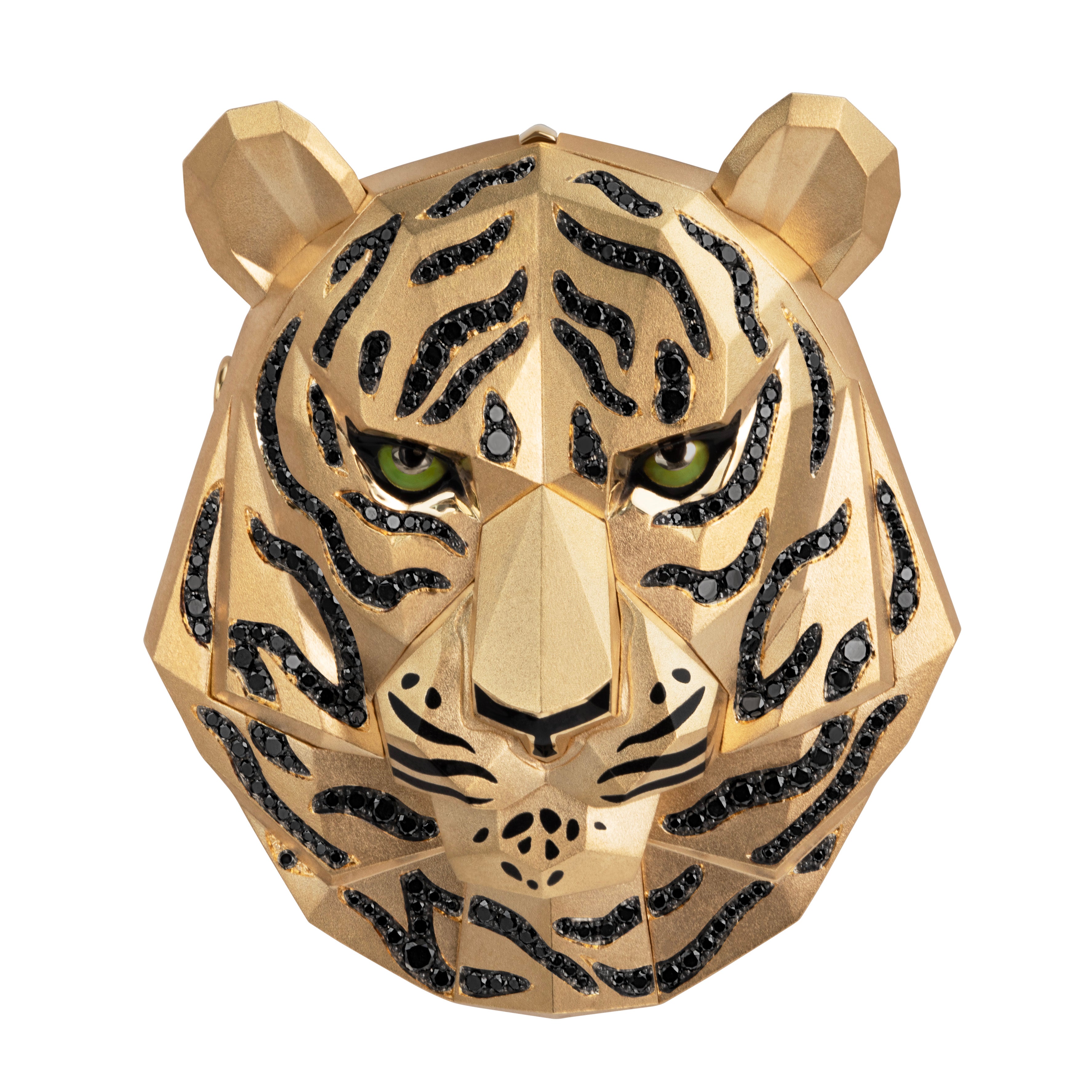 Black Diamonds 18K Yellow Gold Tiger Brooch-Pendant, Brs 0194-0
