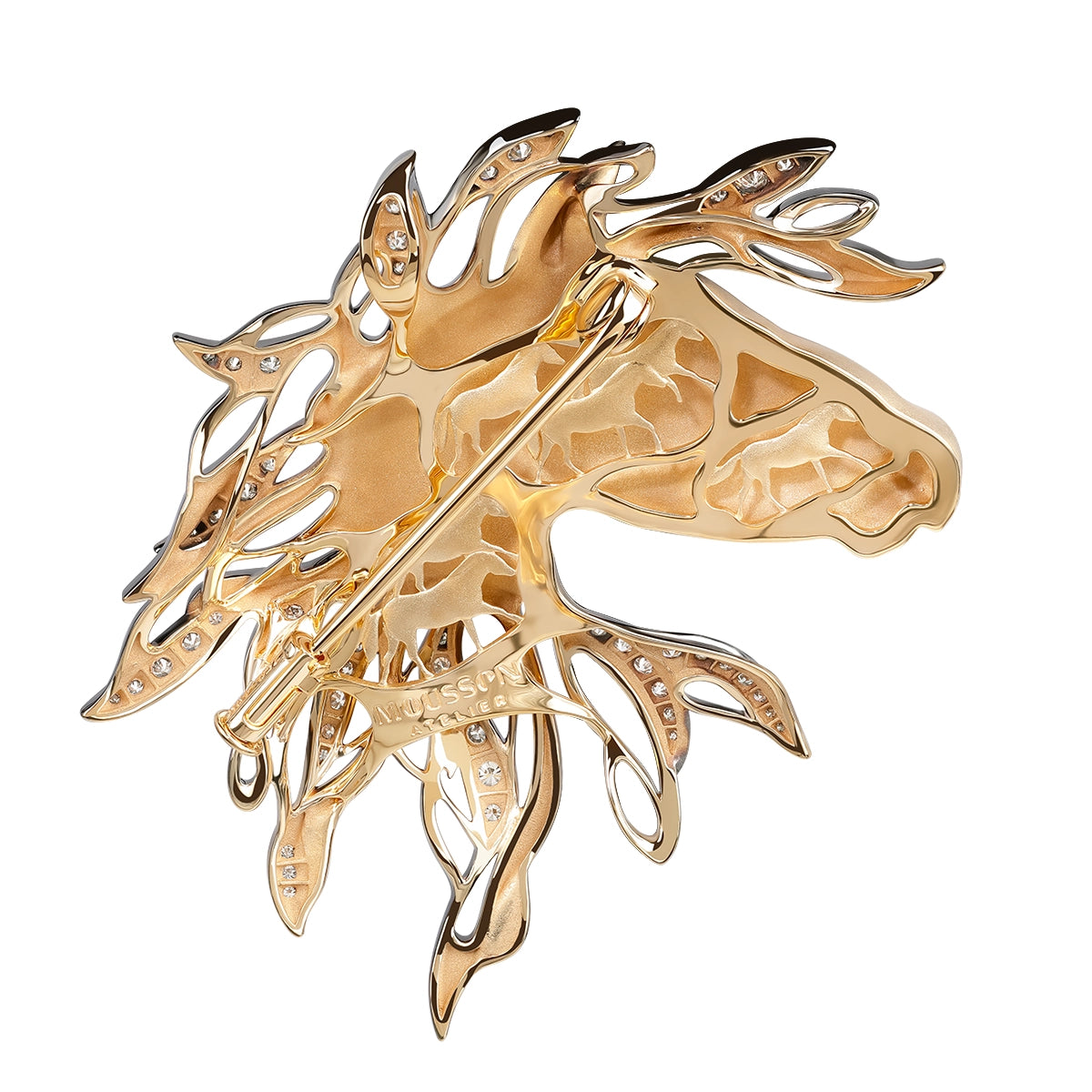 Brs 0231-0, 18K Yellow Gold, Champagne Diamonds Horse Head Brooch