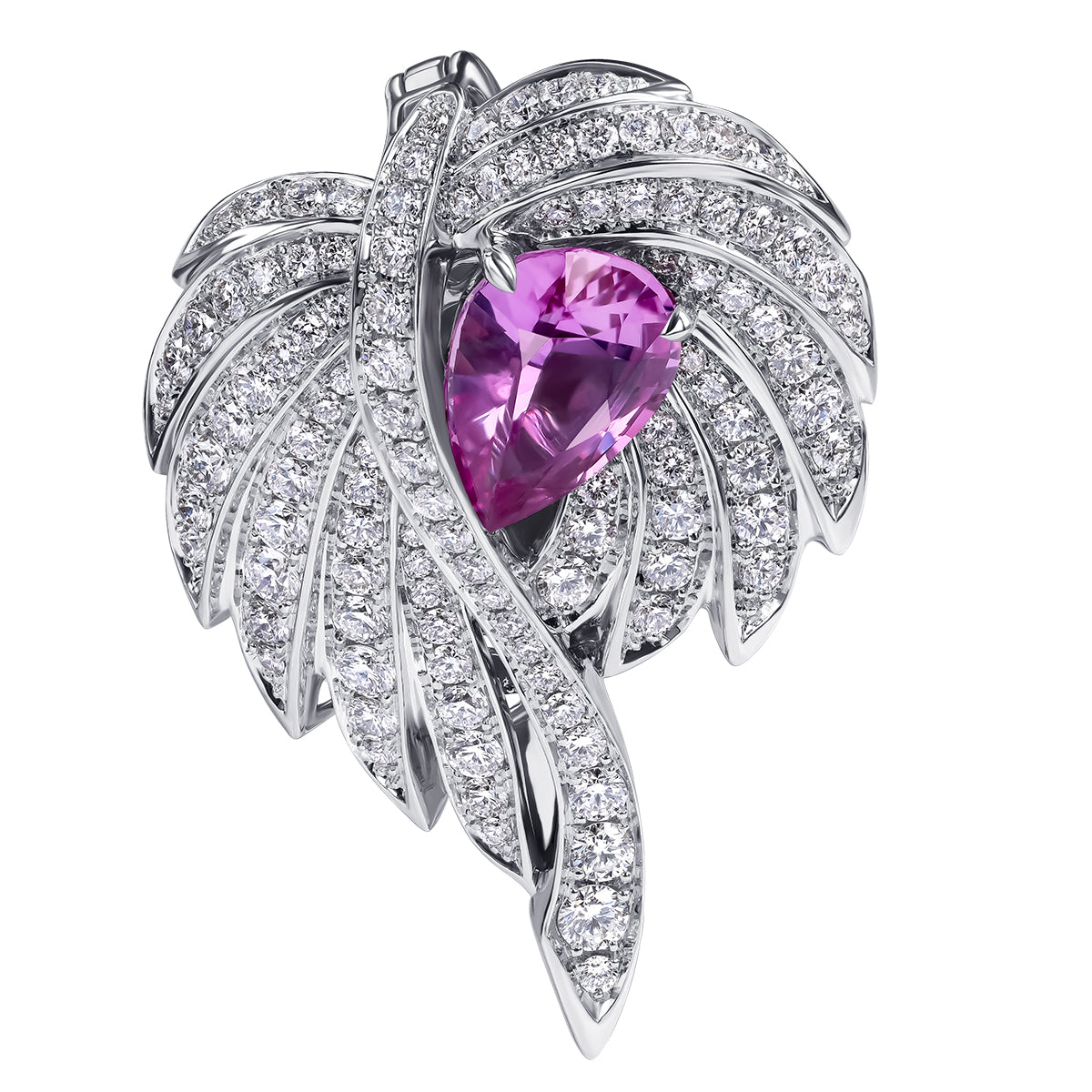 No-Heat Pink Sapphire Diamonds 18K White Gold Palm Leaf Brooch, Brs 0233-0