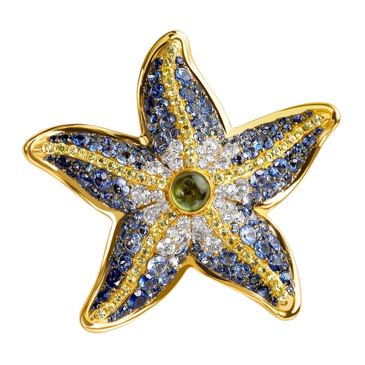 Diamonds, Sapphires, Green Tourmaline, 18K Yellow Gold Sea Star Brooch, Brs 0242-1