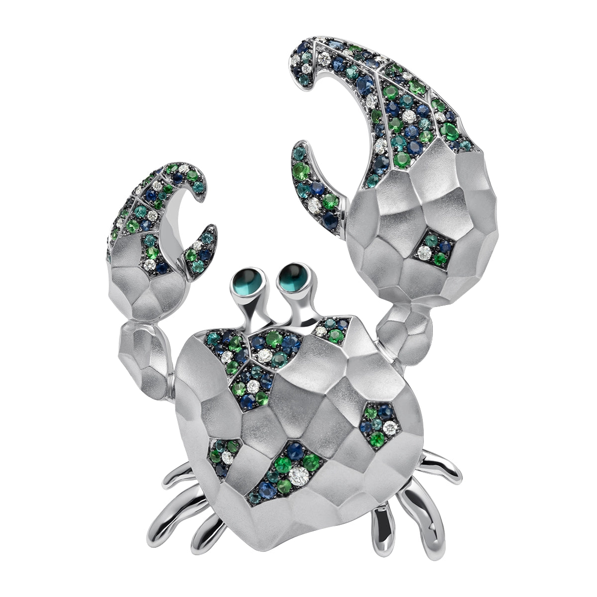 Diamonds, Tourmaline, Sapphires, Tsavorites 18K White Gold Crab Brooch, Brs 0247-0
