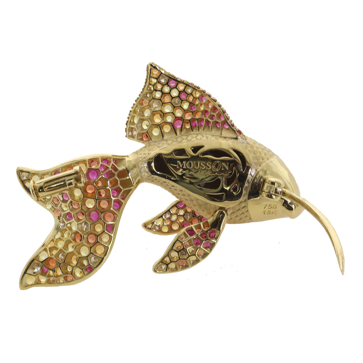 Diamonds, Sapphires 18K Yellow Gold Golden Fish Brooch, Brs 0251-2