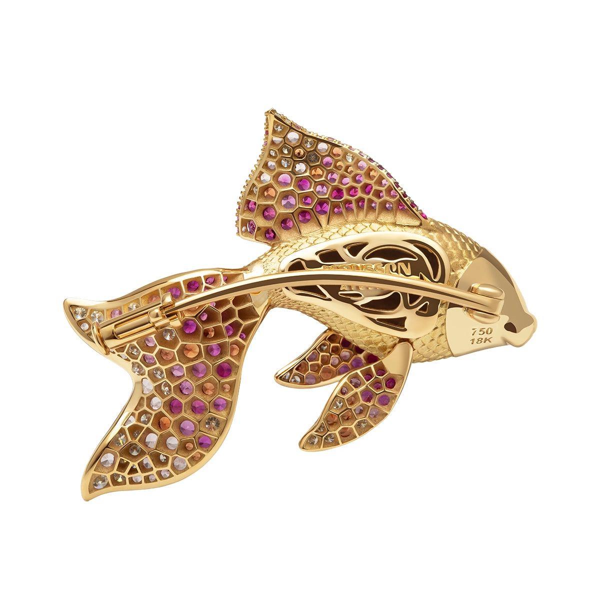 Diamonds, Ruby, Sapphires 18K Yellow Gold Golden Fish Brooch, Brs 0251-2