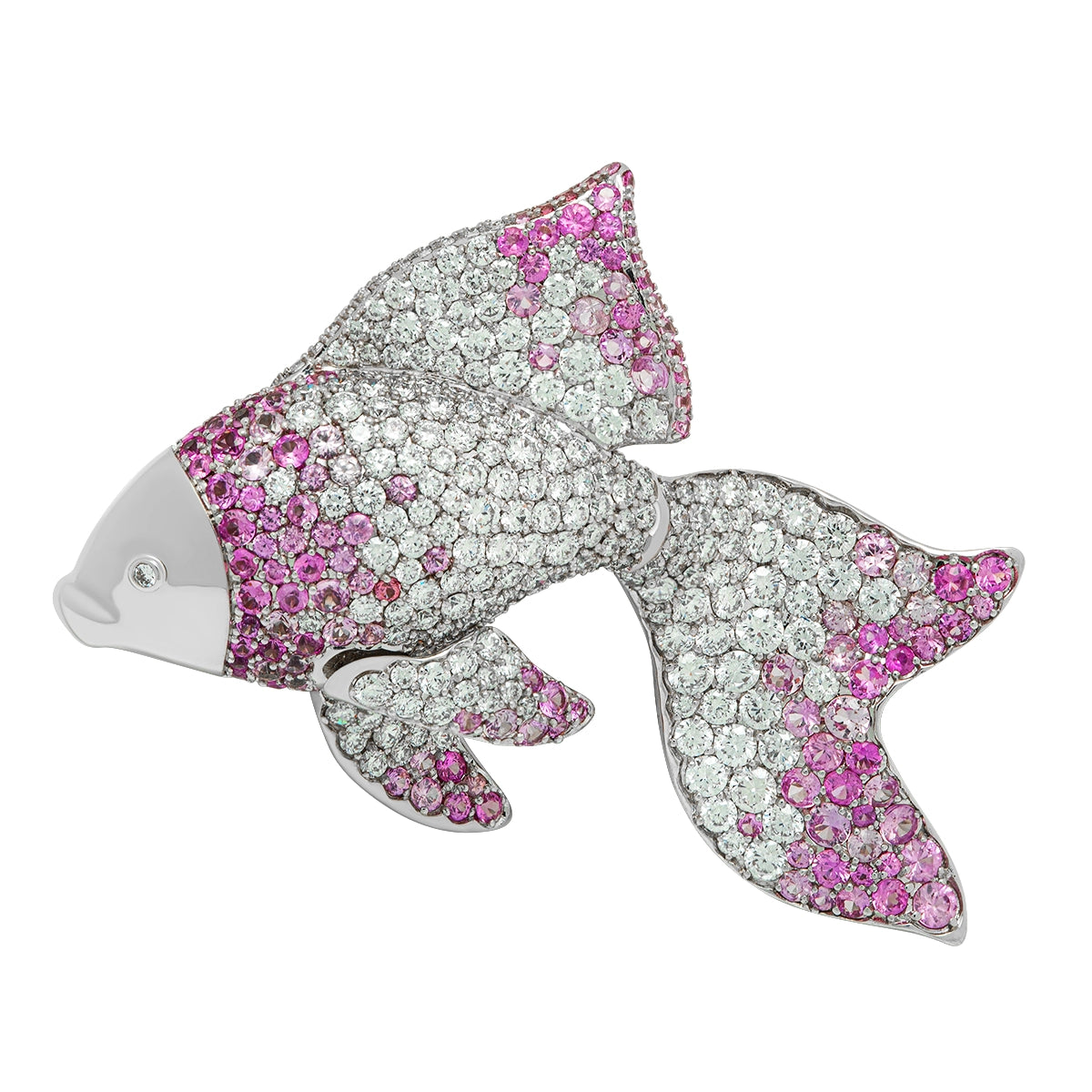 Diamonds, Pink Sapphires 18K White Gold Golden Fish Brooch, Brs 0251-21
