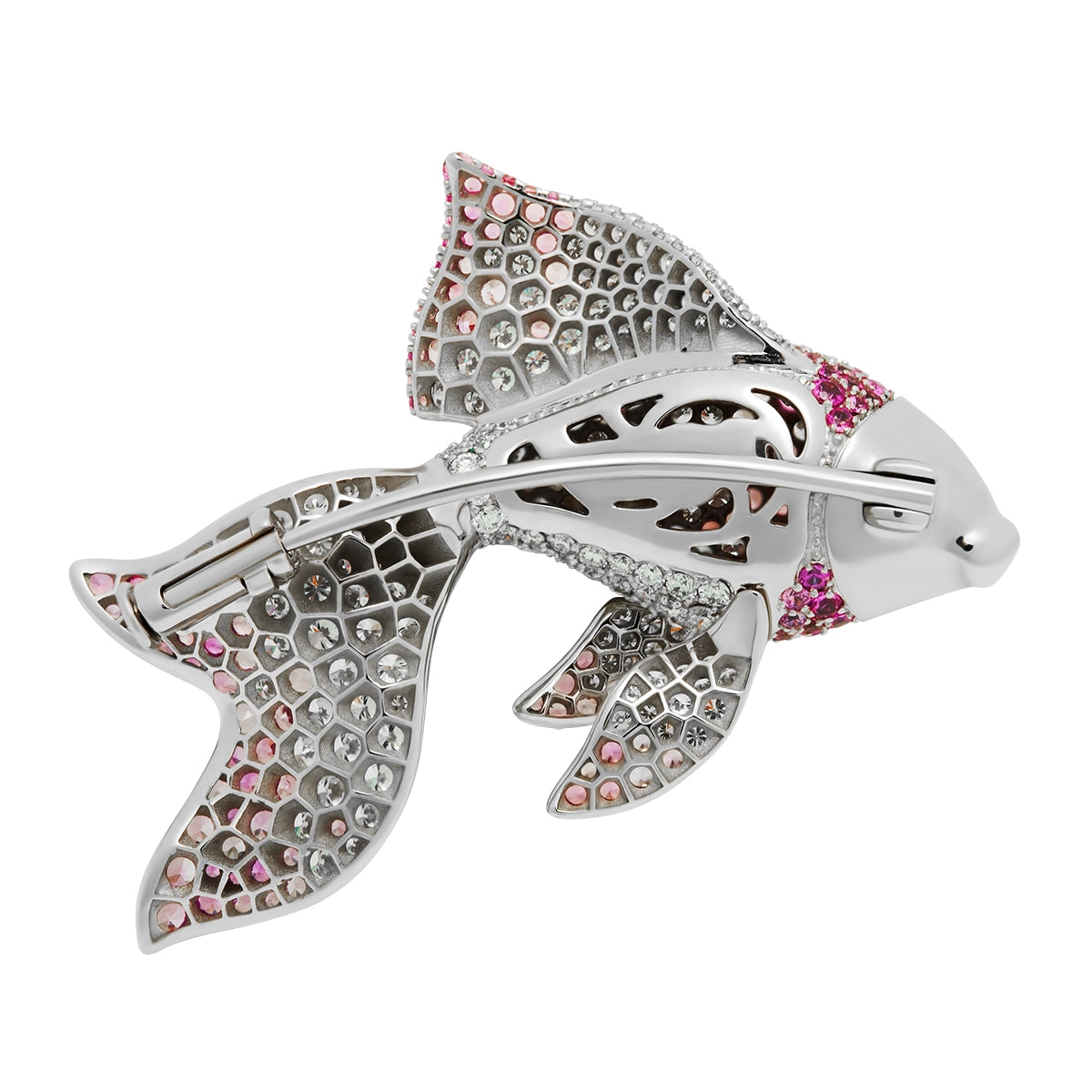 Diamonds, Pink Sapphires 18K White Gold Golden Fish Brooch, Brs 0251-21