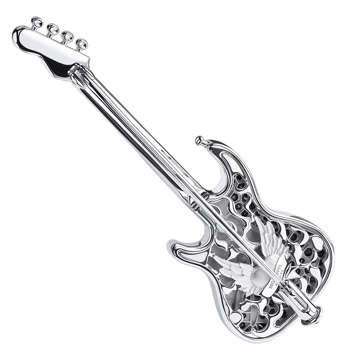 Diamonds 18K White Gold Enamel Classical Rock Guitar Brooch, Brs 0267-12