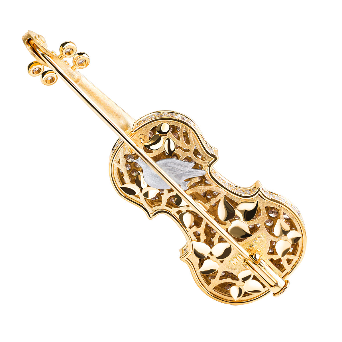 Champagne Diamonds Enamel 18K Yellow Gold Violin Brooch, Brs 0267-20