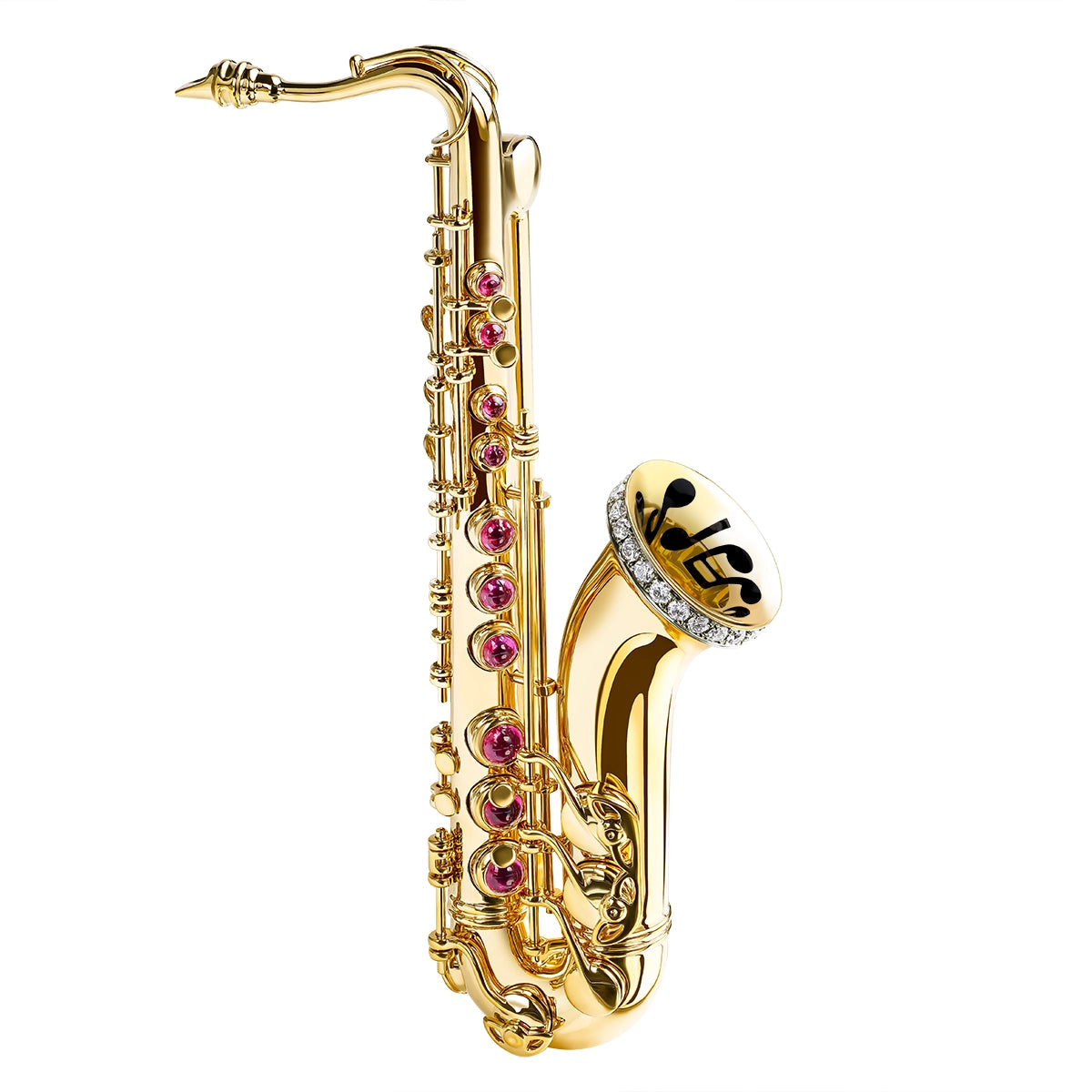 Ruby, Diamonds, Enamel 18K Yellow Gold Saxophone Brooch, Brs 0267-4