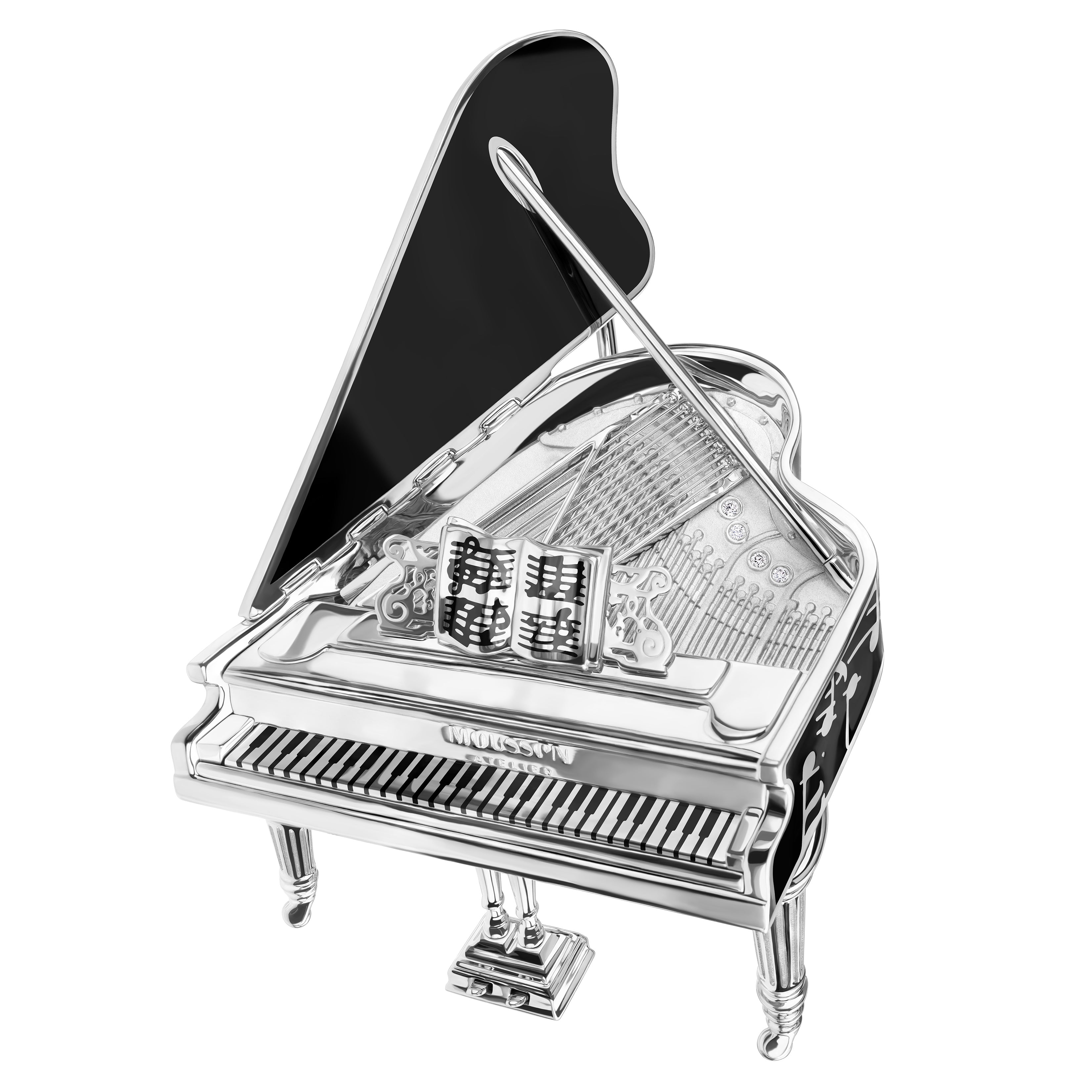 Enamel, Diamonds 18K White Gold, Piano Brooch, Brs 0267-5