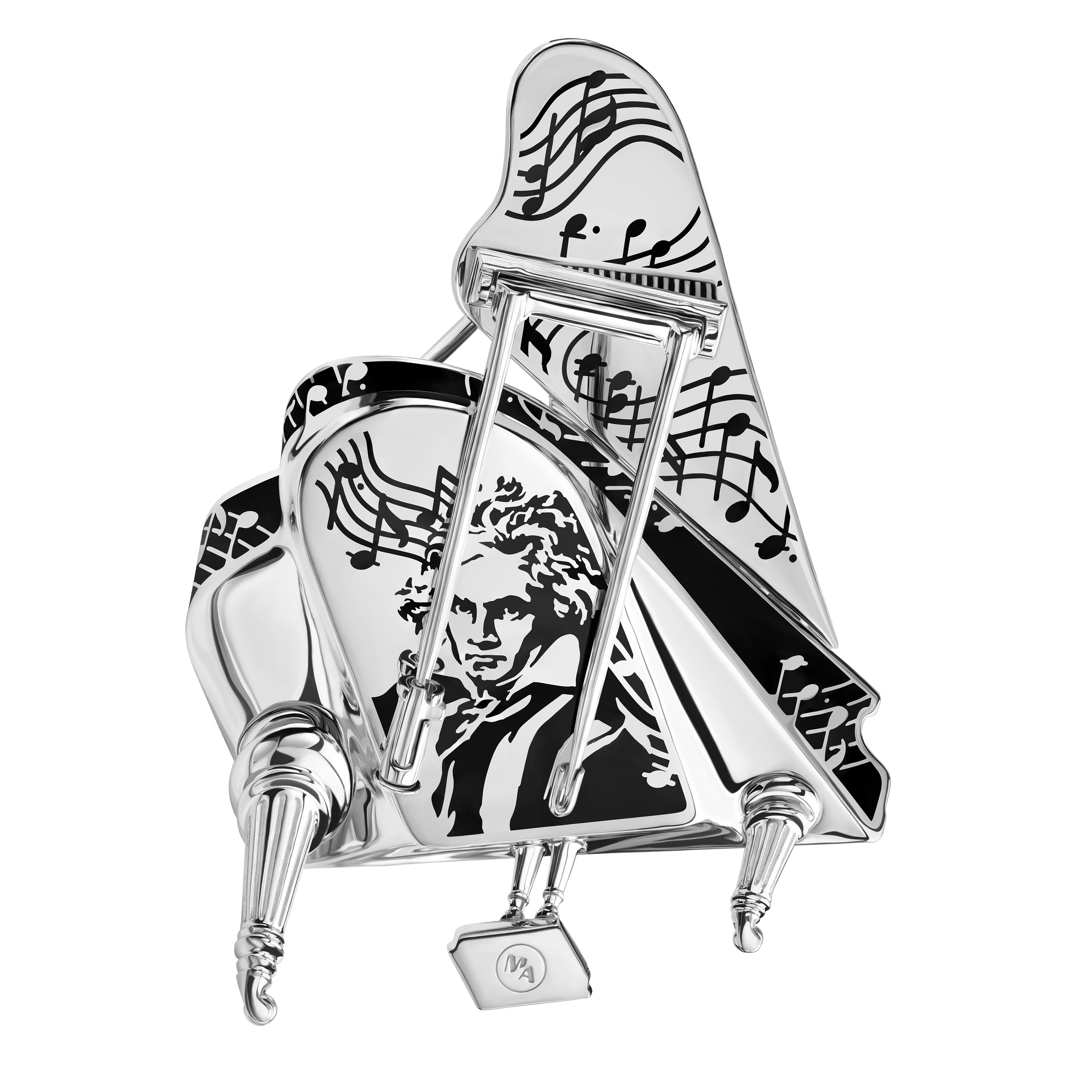 Enamel, Diamonds 18K White Gold, Piano Brooch, Brs 0267-5