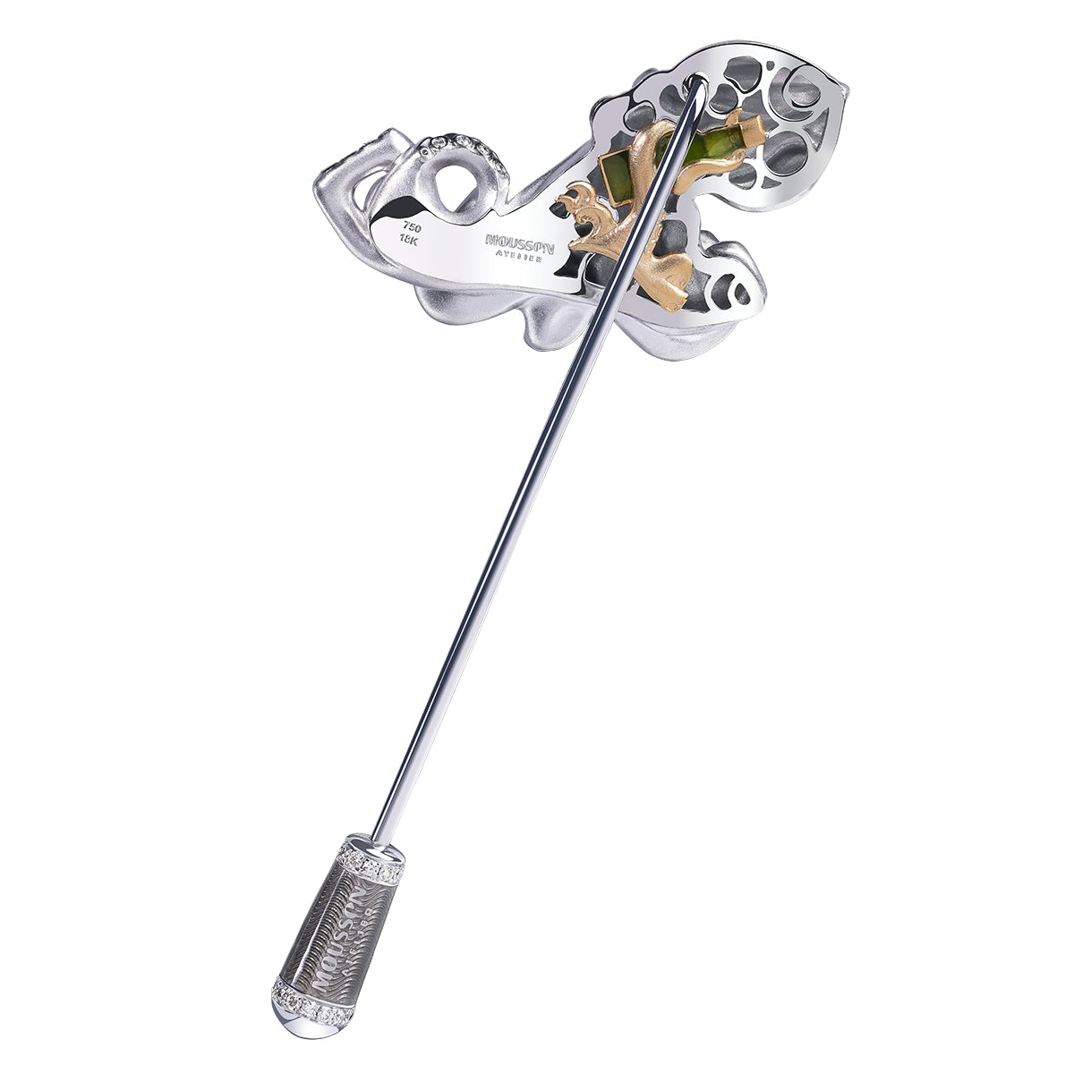 18K White Gold, White and Black Diamonds Enamel Octopus Pin, Brs 0301-3