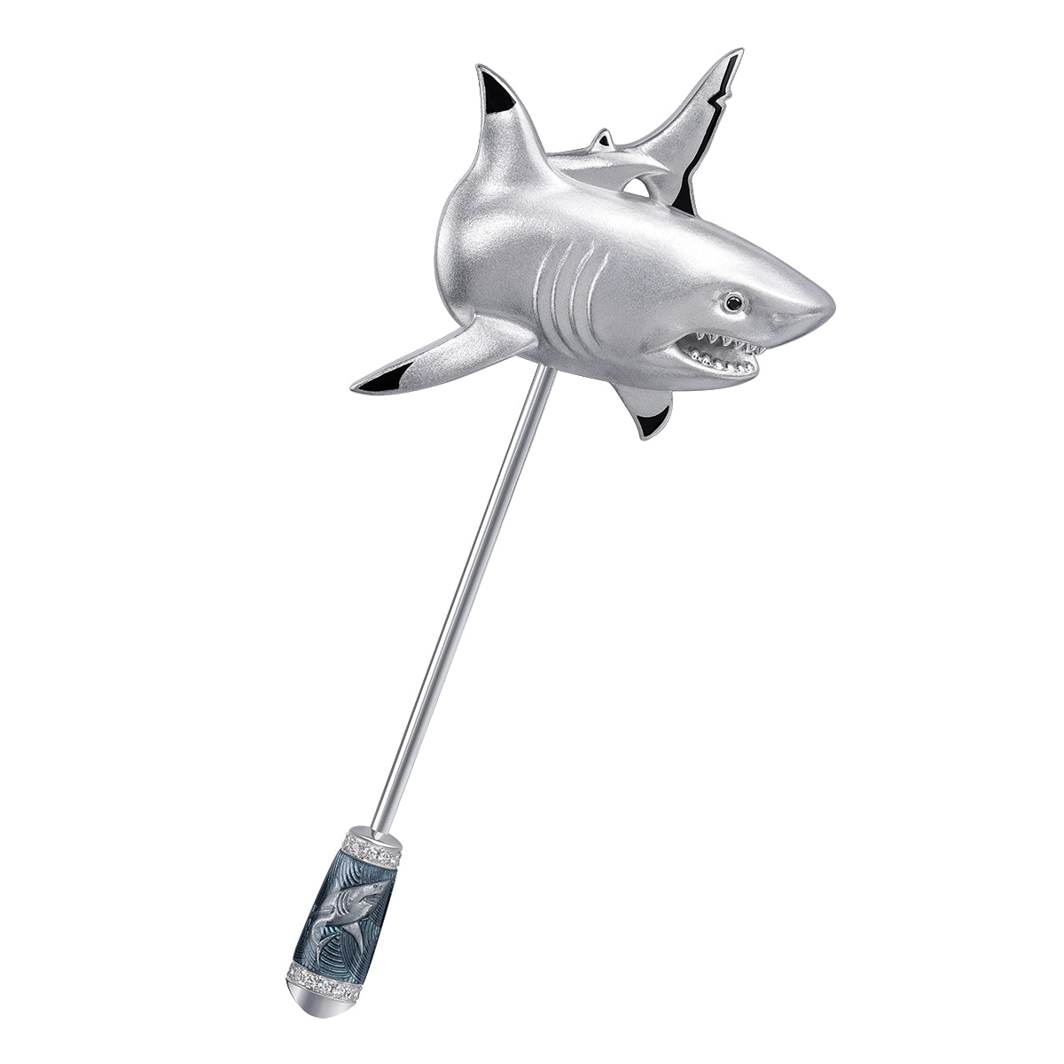 18K White Gold, White and Black Diamonds Enamel Shark Pin, Brs 0301-7