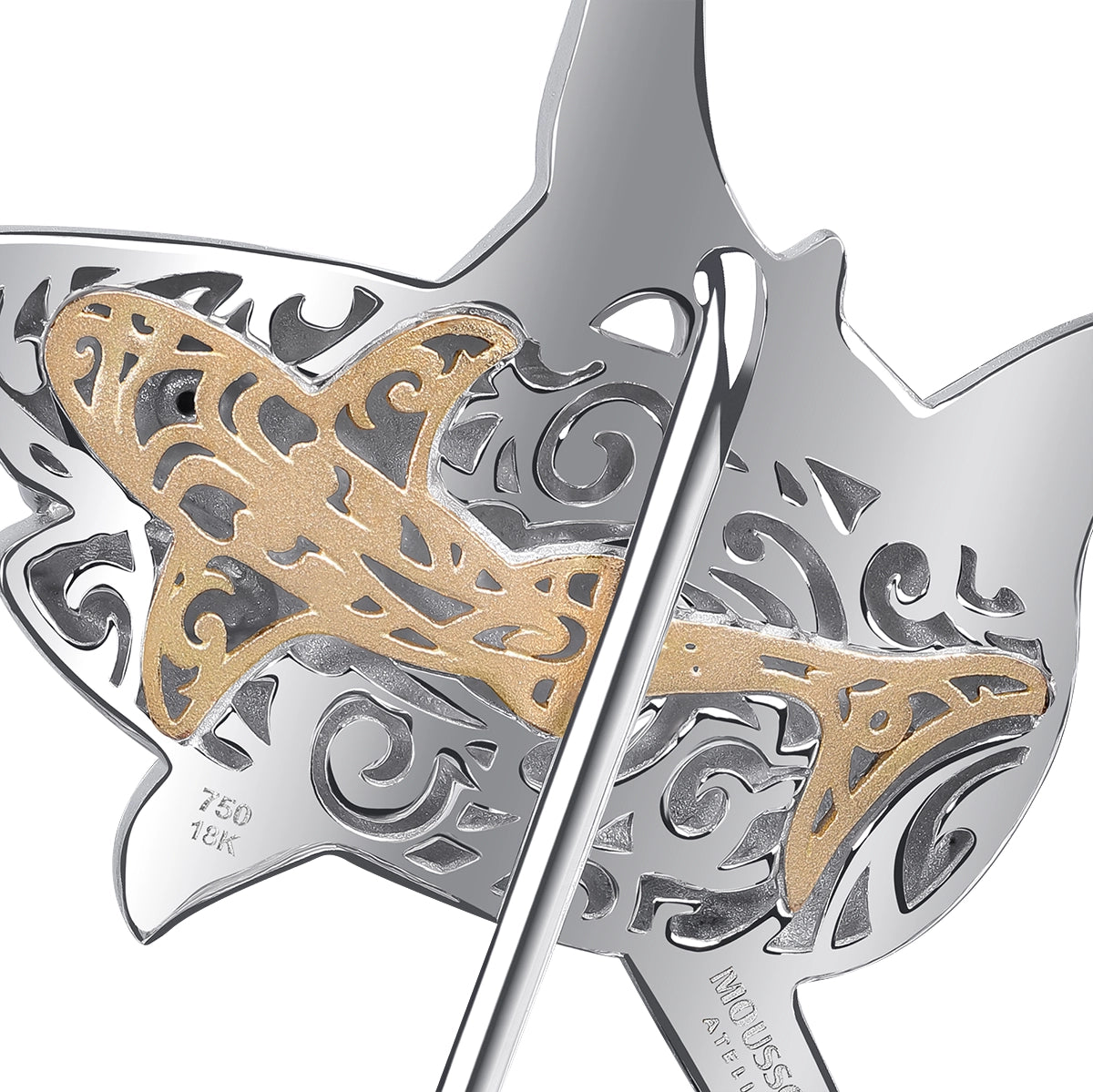 18K White Gold, White and Black Diamonds Enamel Shark Pin, Brs 0301-7