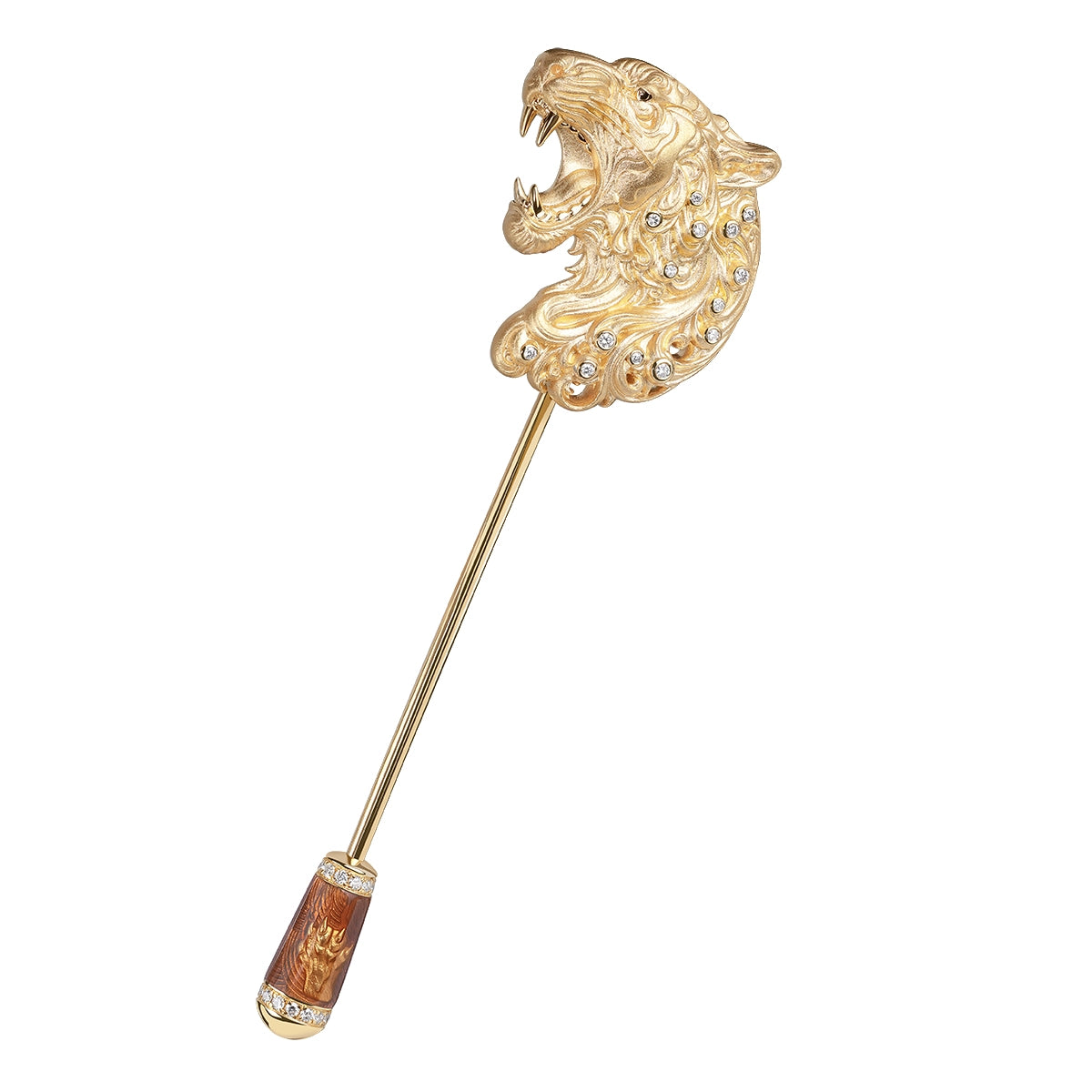 A gold-toned lapel pin featuring a sculpted roaring Tiger head adorned with cdiamonds, connected by a slender bar to a cylindrical lock with a brown and gold patterned pow.