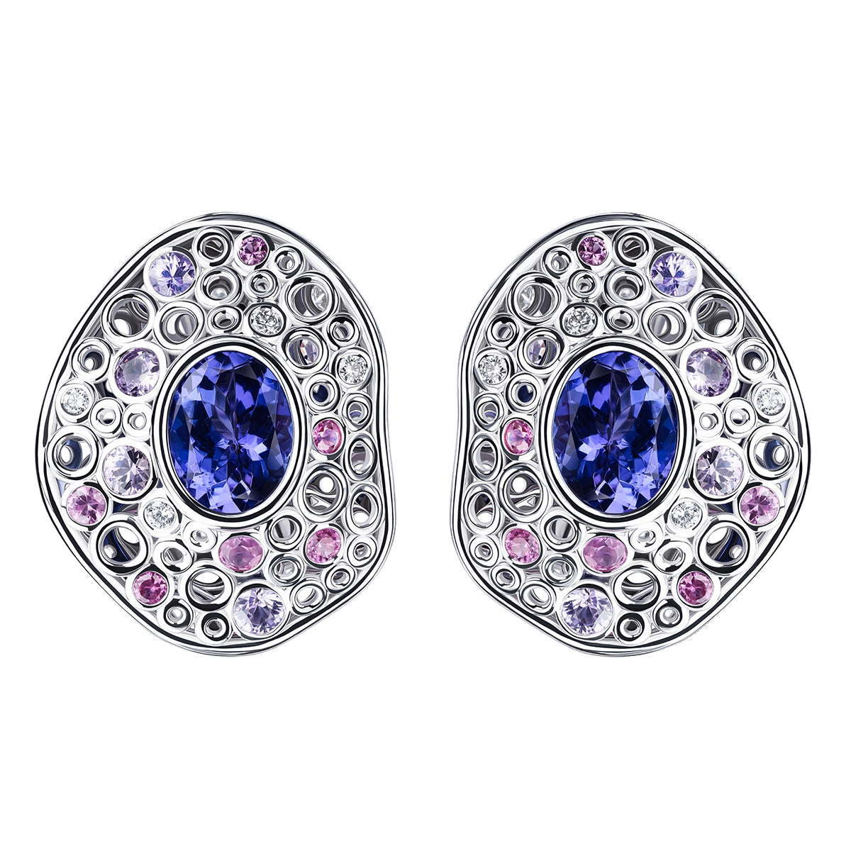 Tanzanite, Diamonds, Purple Pink Sapphires 18K White Gold Earrings, E 0023-6