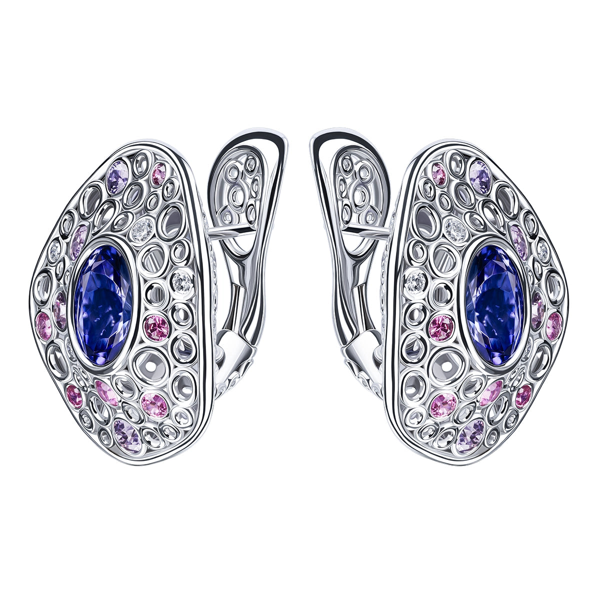 Tanzanite, Diamonds, Purple Pink Sapphires 18K White Gold Earrings, E 0023-6