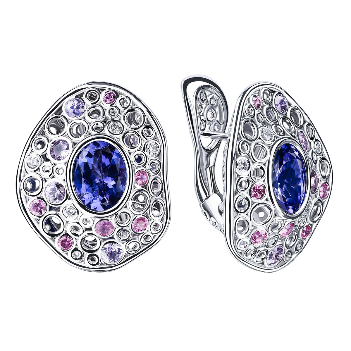 Tanzanite, Diamonds, Purple Pink Sapphires 18K White Gold Earrings, E 0023-6