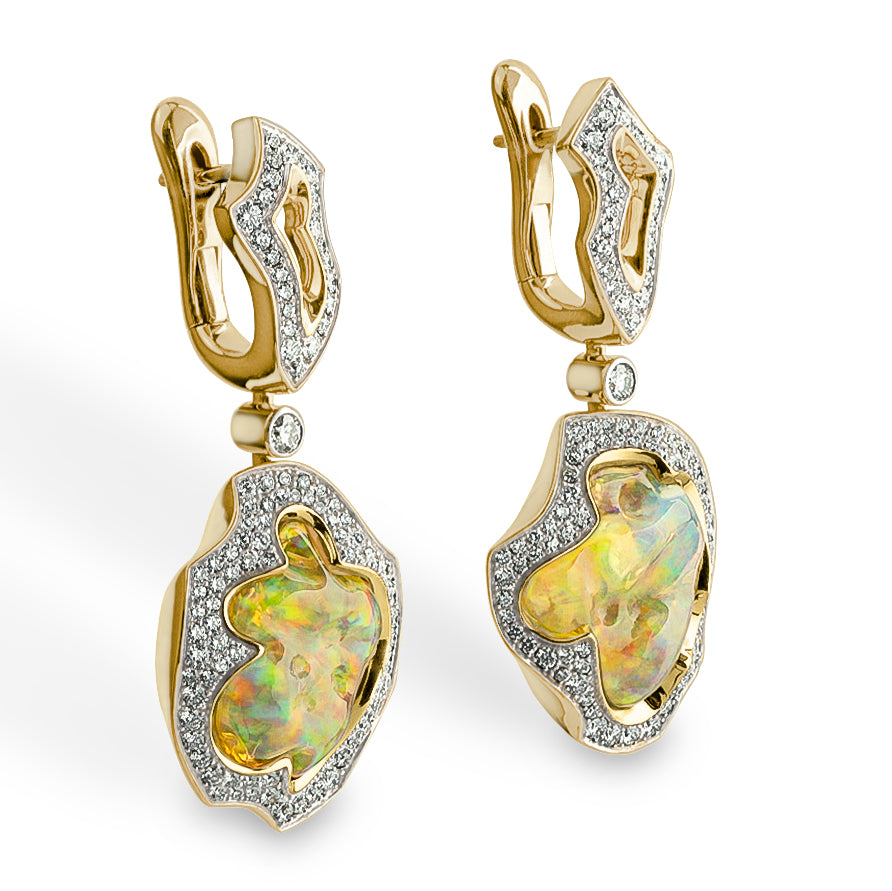 E 0029-16/1 18K Yellow Gold, Mexican Fire Opal, Diamonds Earrings