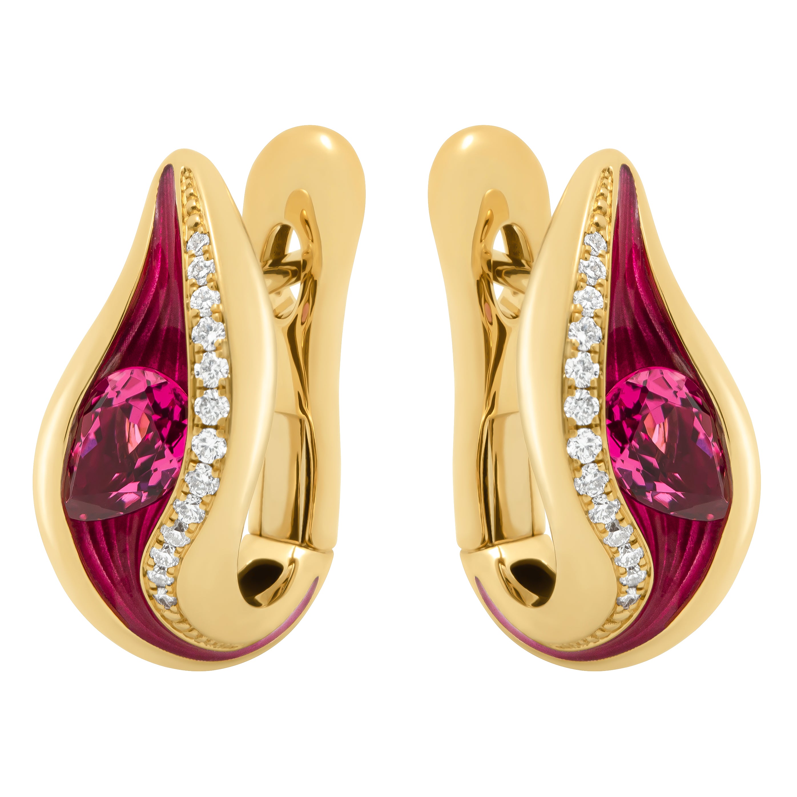 E 0123-70, 18K Yellow Gold, Enamel, Rubellite, Diamonds Earrings