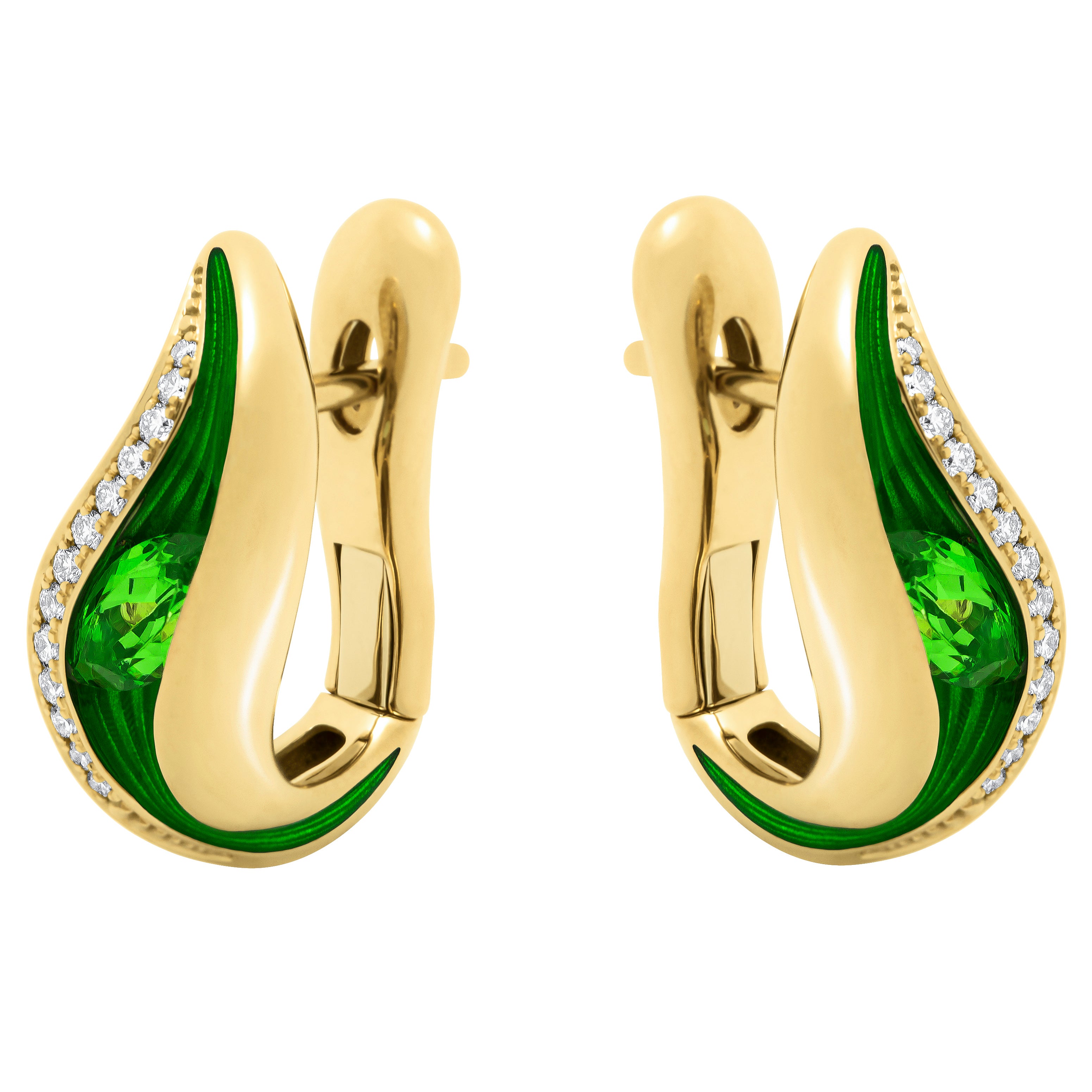 E 0123-80, 18K Yellow Gold, Enamel, Tsavorite Garnet, Diamonds Earrings