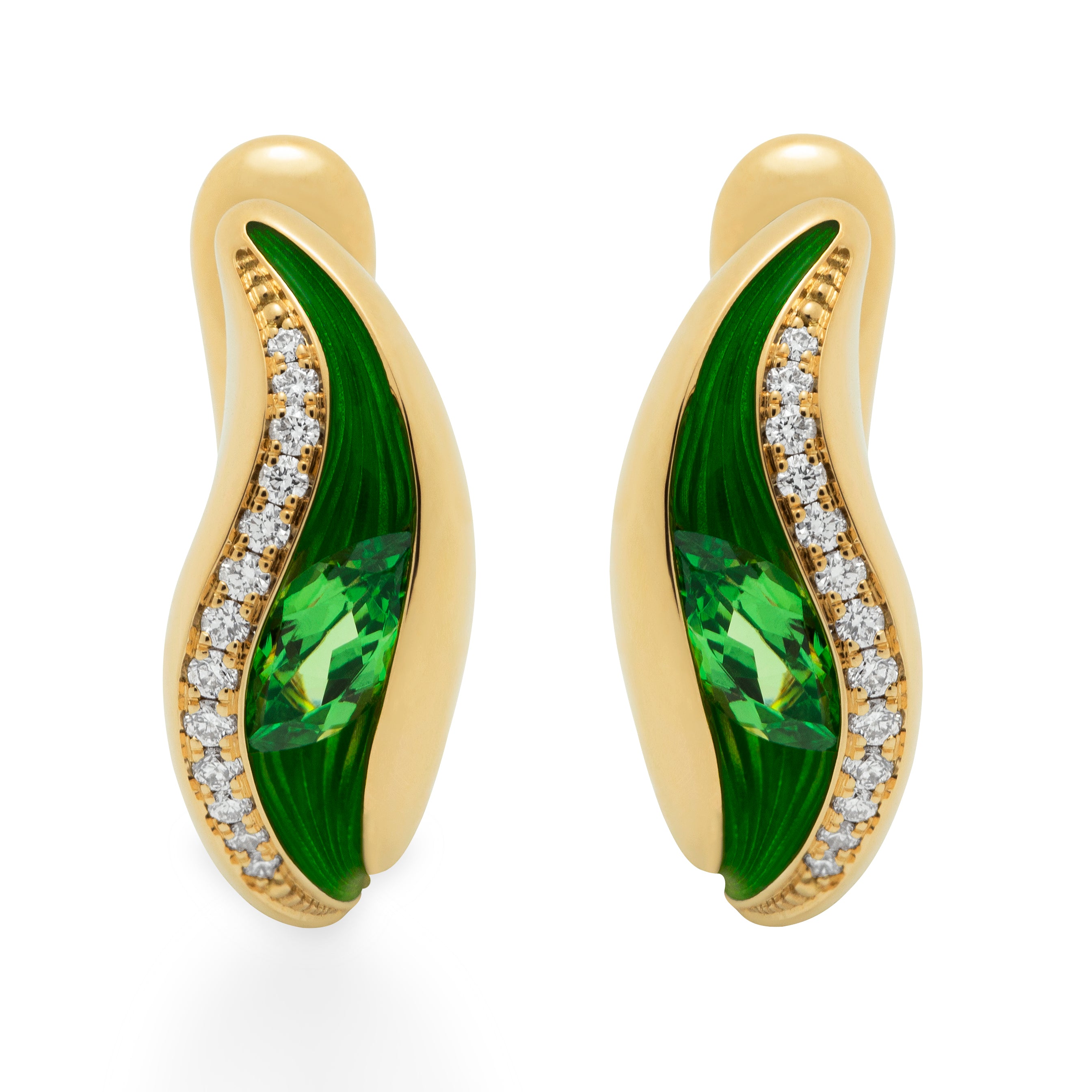 E 0123-80, 18K Yellow Gold, Enamel, Tsavorite Garnet, Diamonds Earrings
