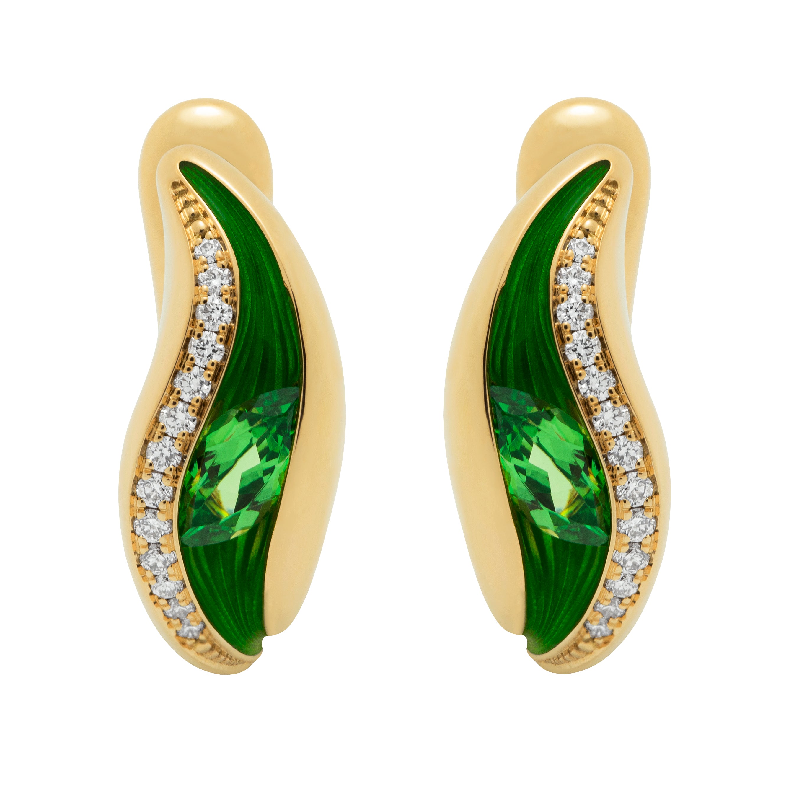 E 0123-80, 18K Yellow Gold, Enamel, Tsavorite Garnet, Diamonds Earrings