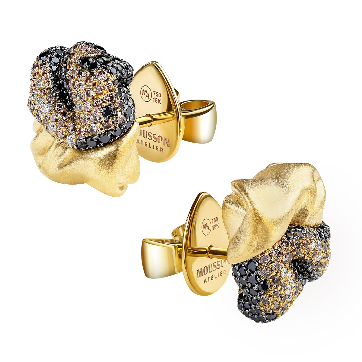 White, Black and Champagne Diamonds 18K Yellow Gold Stud Earrings, E 0132-4