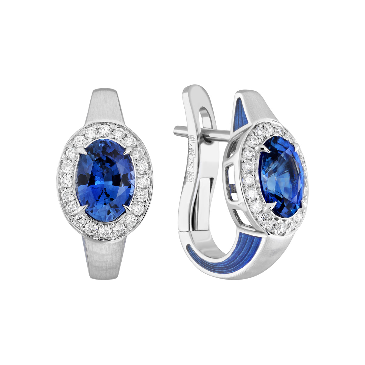 E 0143-001 18K White Gold, Blue Sapphire, Diamonds Enamel Earrings