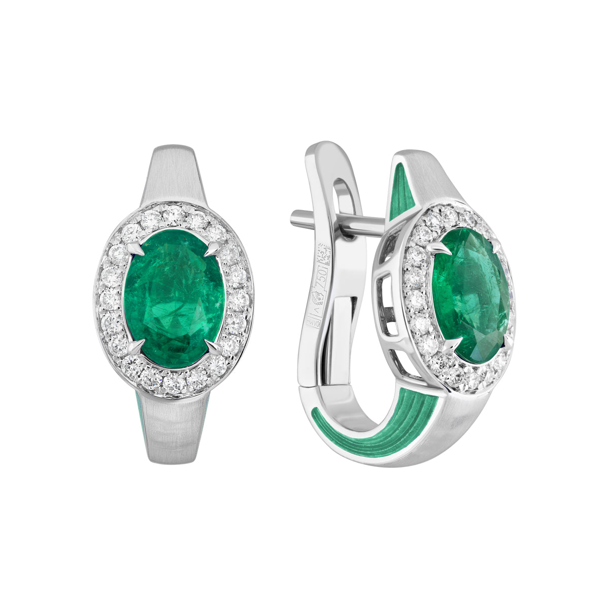 E 0143-001 18K White Gold, Emerald, Diamonds Enamel Earrings