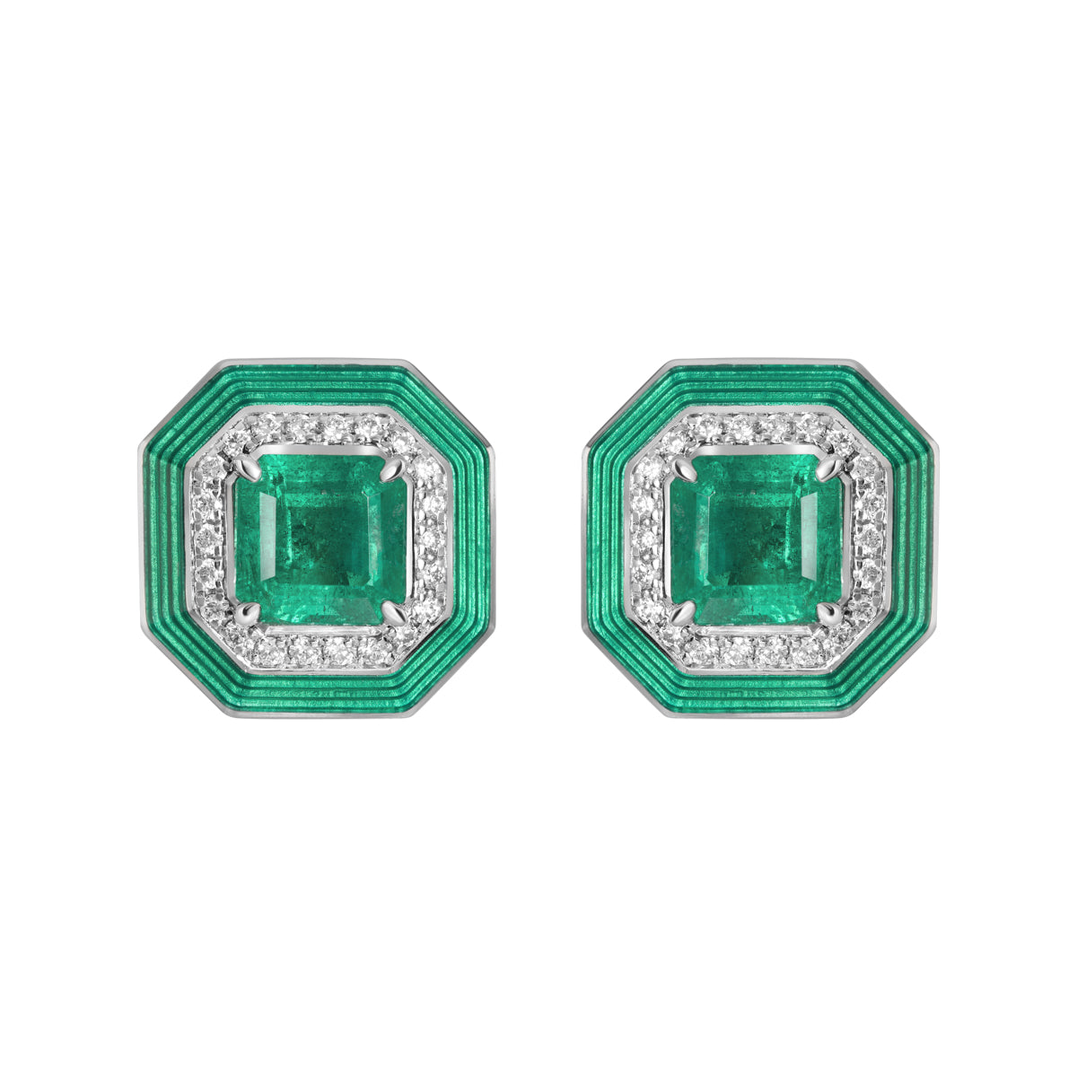 E 0143-140 18K White Gold, Emerald, Diamonds Enamel Stud Earrings